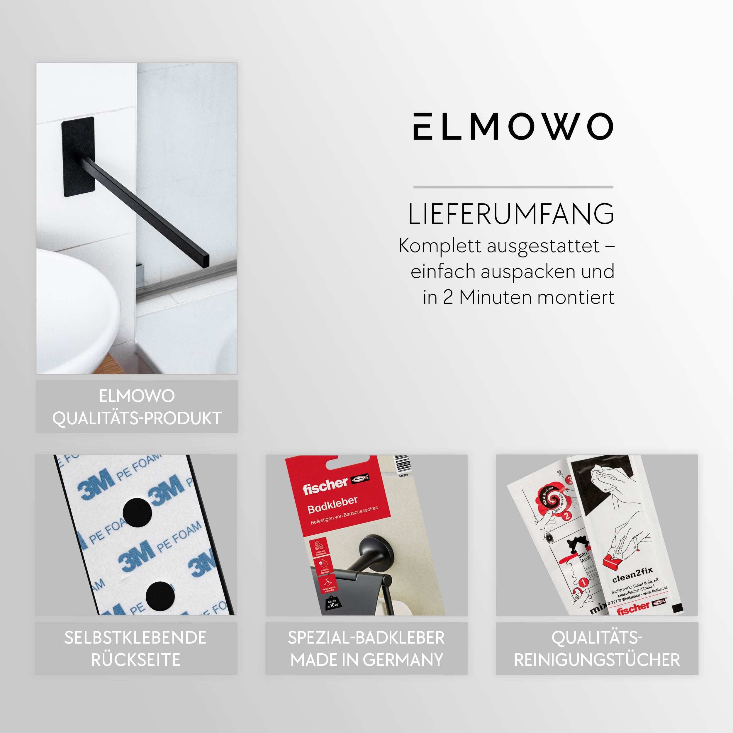 ELMOWO - Edelstahl Handtuchhalter einarmig ohne Bohren in den Raum stehend (schwarz)