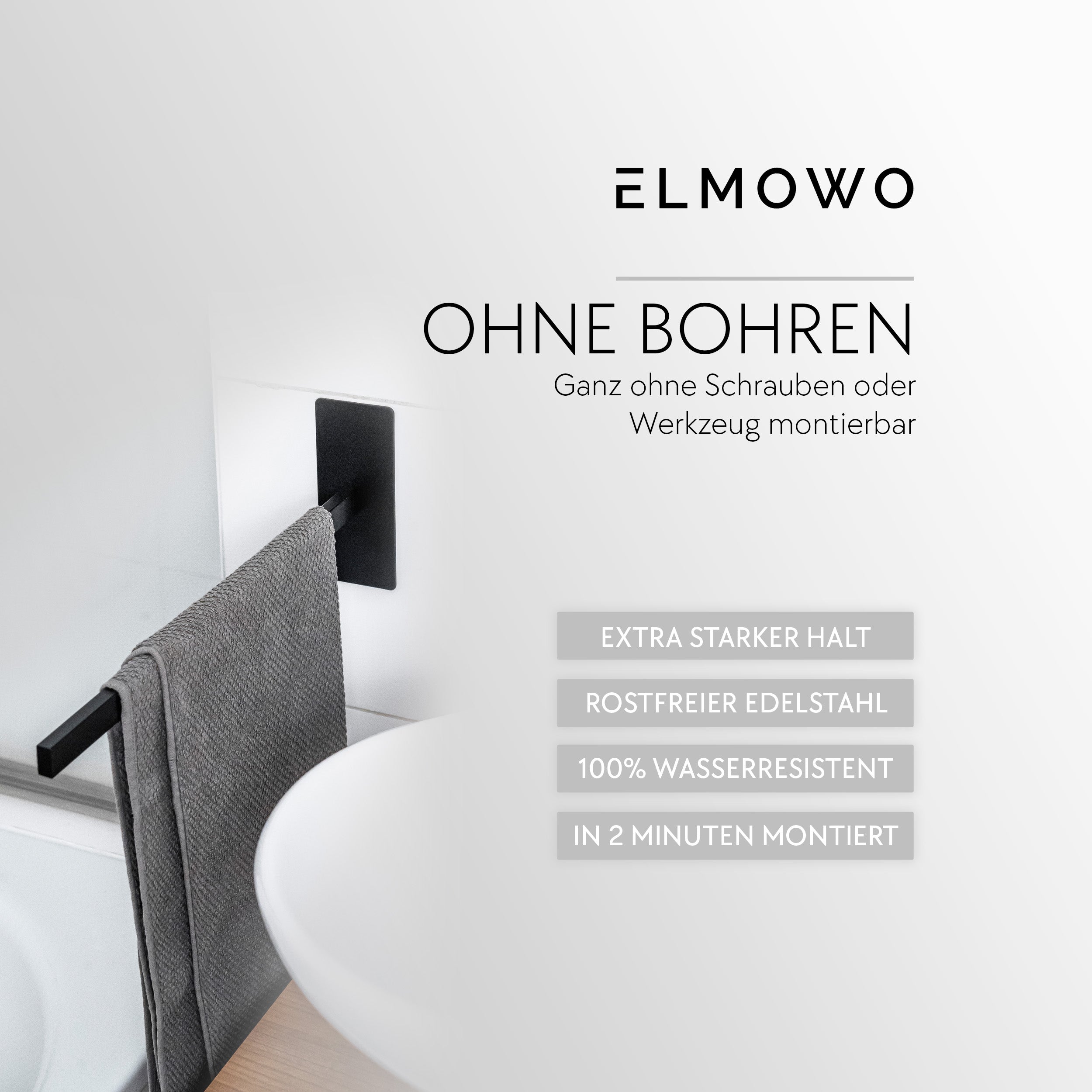 ELMOWO - Edelstahl Handtuchhalter einarmig ohne Bohren in den Raum stehend (schwarz)