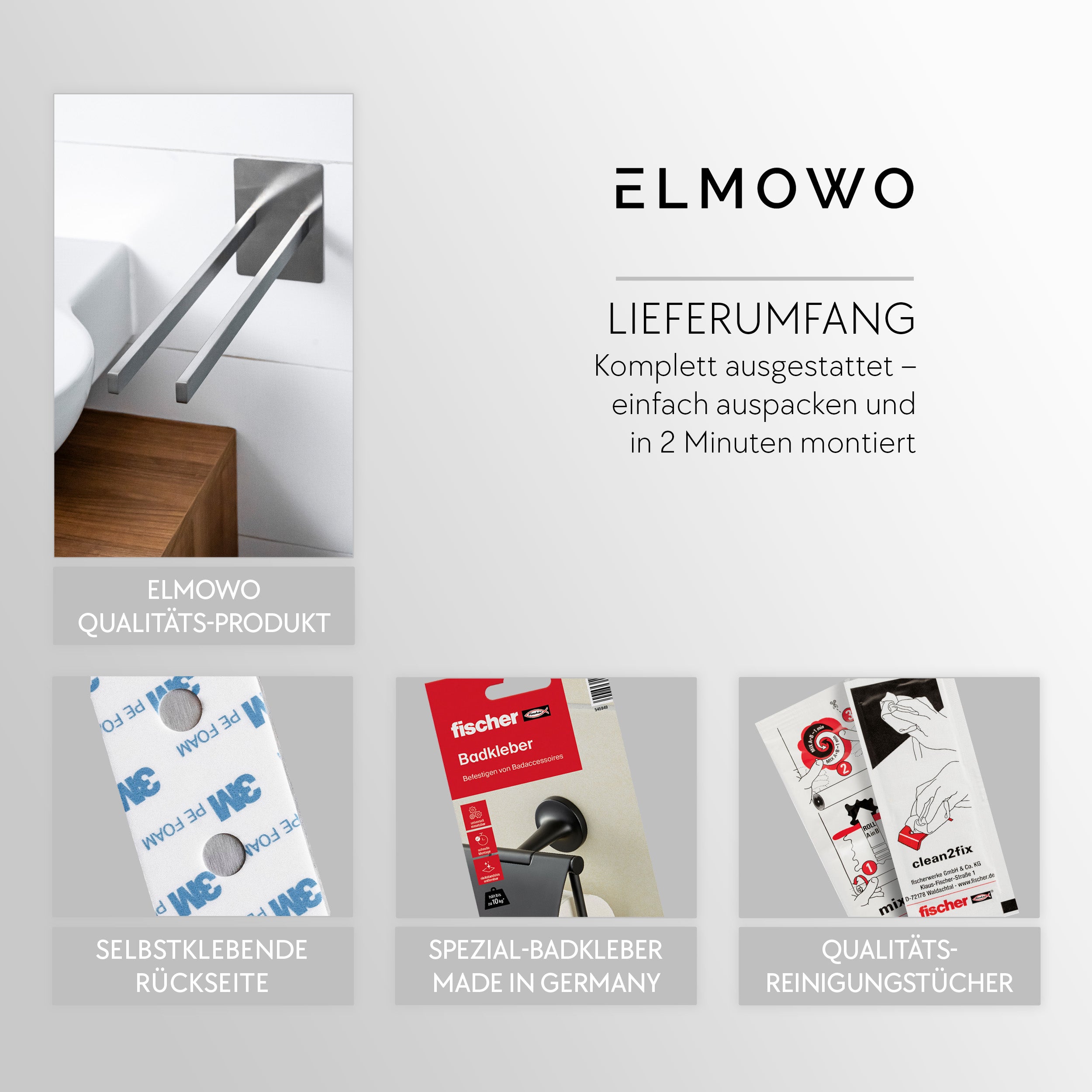 ELMOWO - Edelstahl Handtuchhalter zweiarmig ohne Bohren für 2 Handtücher (silber)