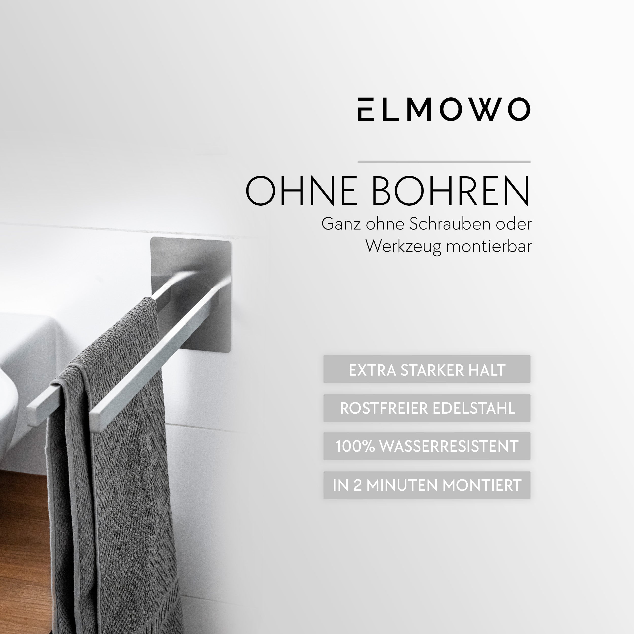 ELMOWO - Edelstahl Handtuchhalter zweiarmig ohne Bohren für 2 Handtücher (silber)