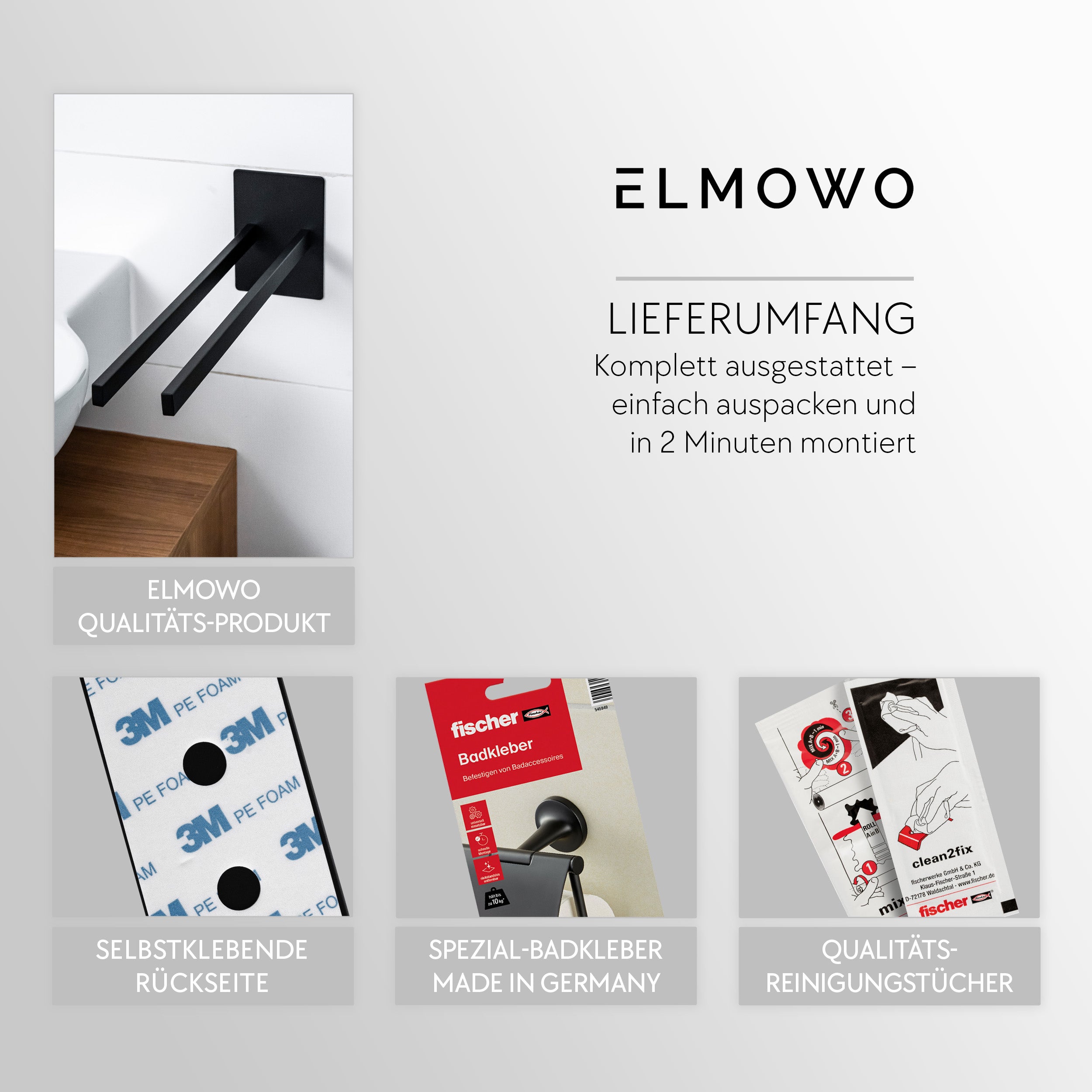 ELMOWO - Edelstahl Handtuchhalter zweiarmig ohne Bohren für 2 Handtücher (schwarz)