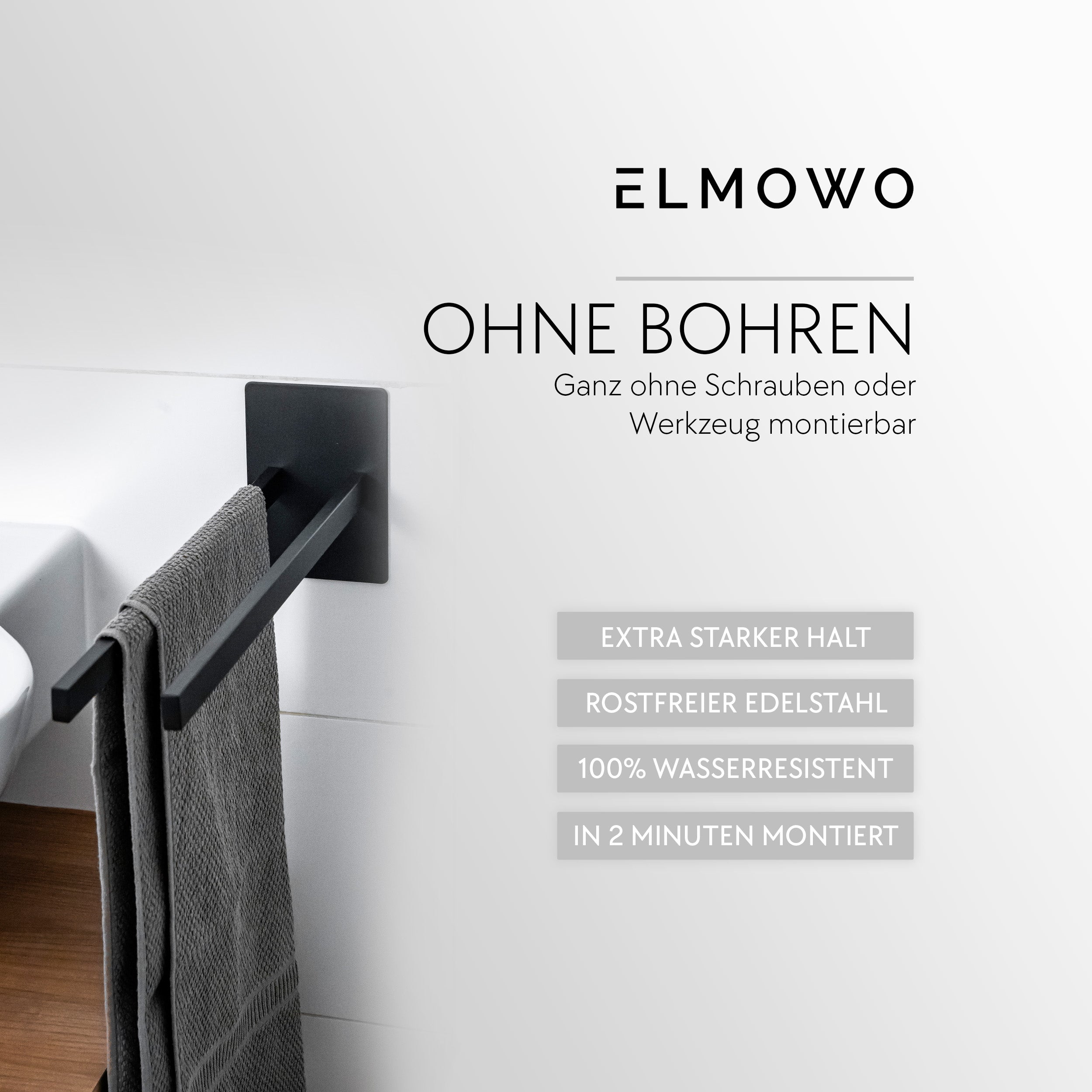 ELMOWO - Edelstahl Handtuchhalter zweiarmig ohne Bohren für 2 Handtücher (schwarz)
