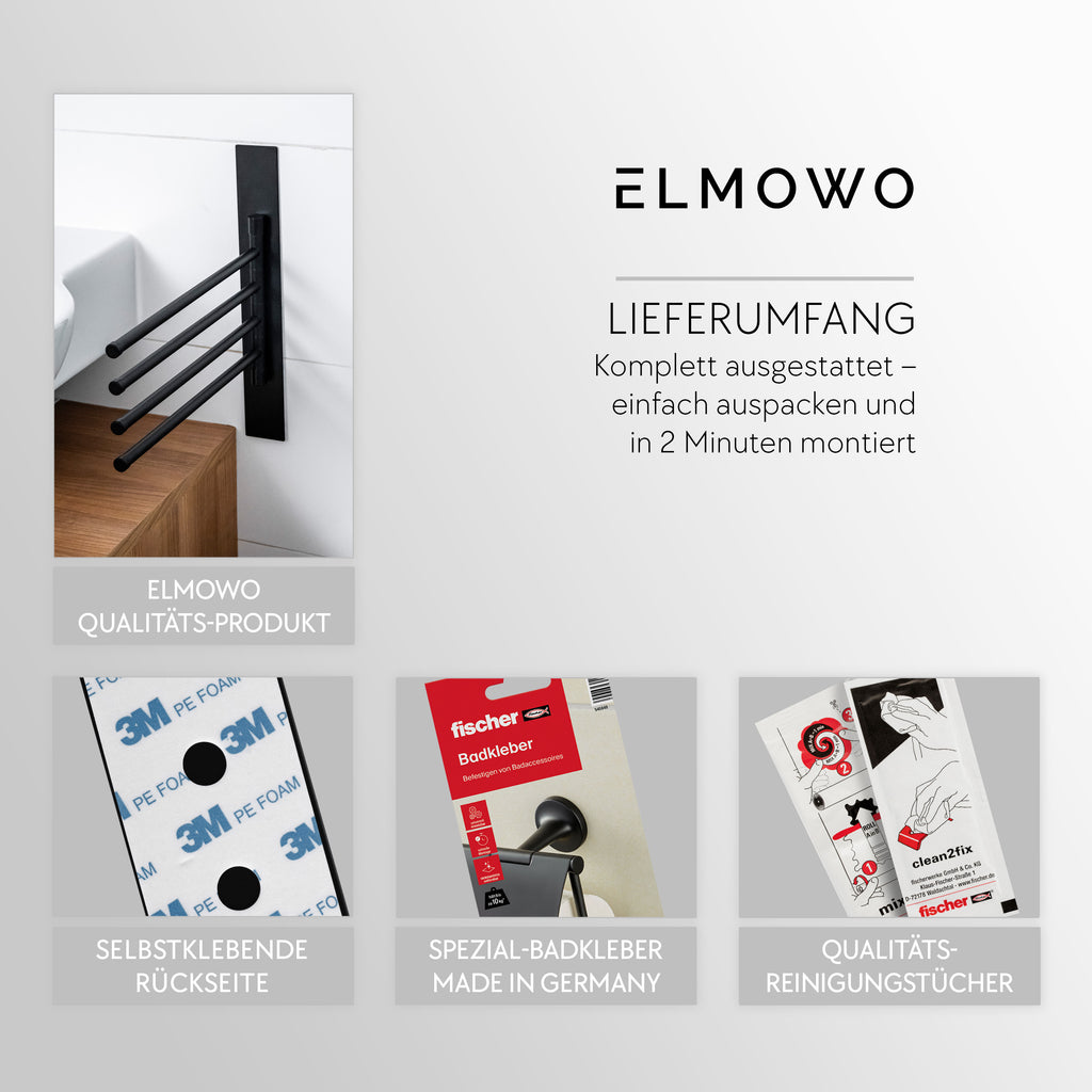 ELMOWO - Edelstahl Handtuchhalter 4-armig ohne Bohren für 4 Handtücher (schwarz) schwenkbar