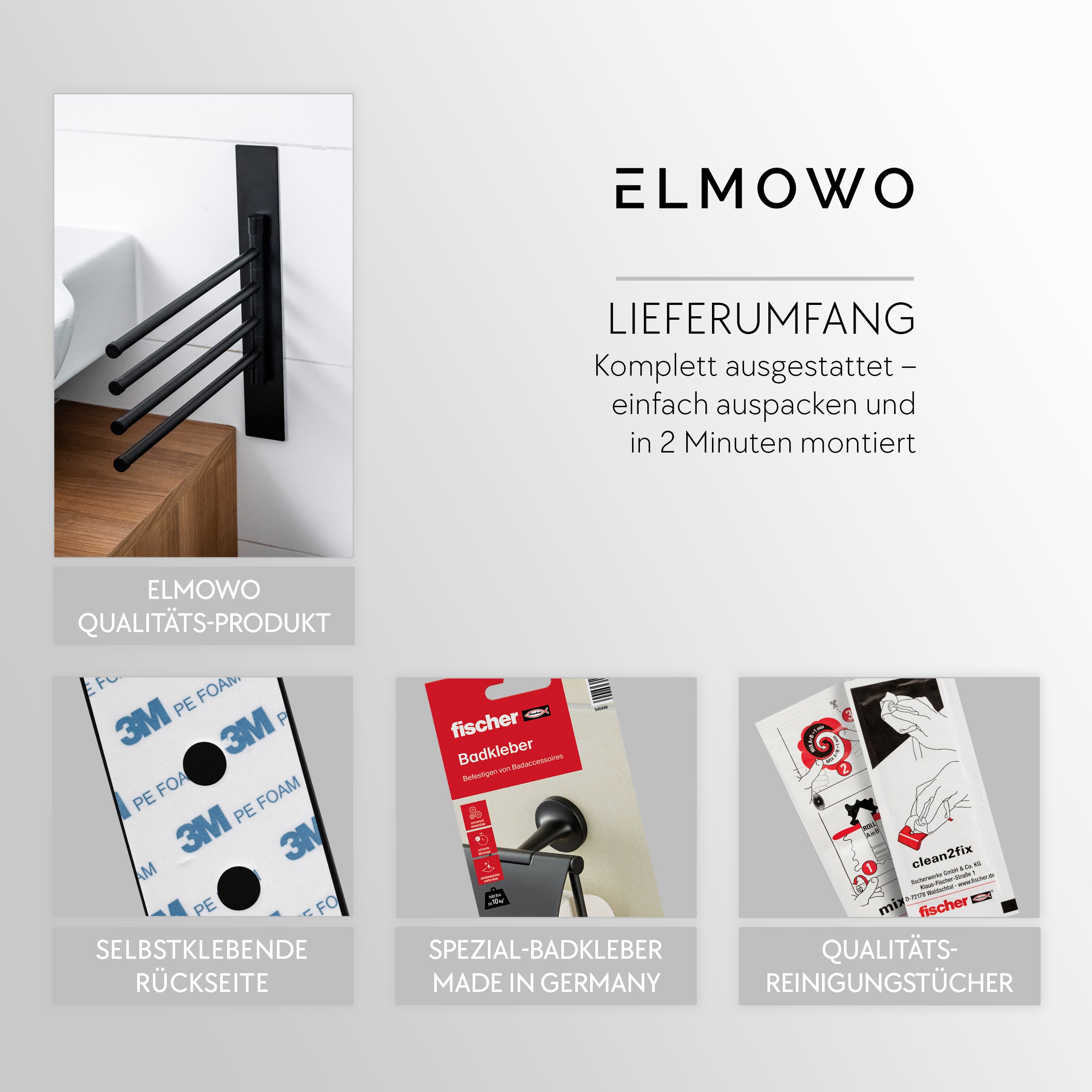 ELMOWO - Edelstahl Handtuchhalter 4-armig ohne Bohren für 4 Handtücher (schwarz) schwenkbar