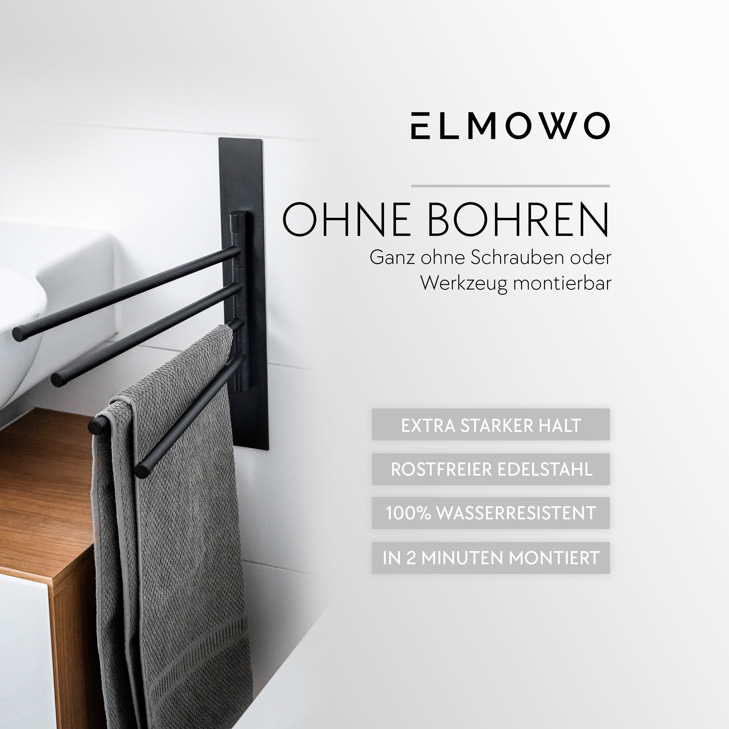 ELMOWO - Edelstahl Handtuchhalter 4-armig ohne Bohren für 4 Handtücher (schwarz) schwenkbar