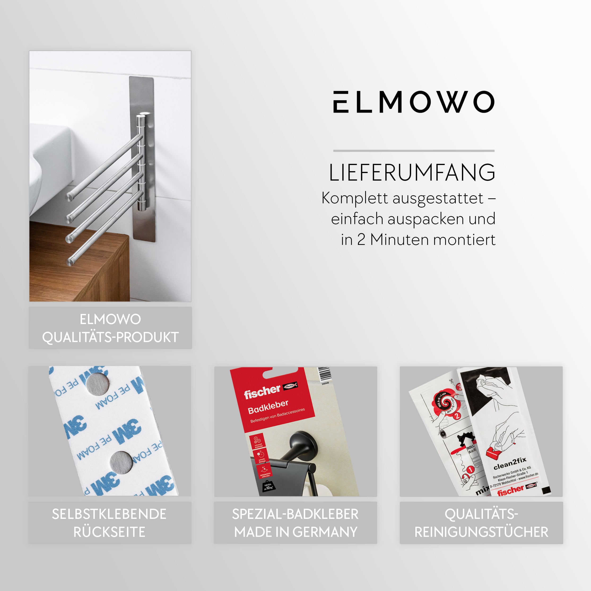 ELMOWO - Edelstahl Handtuchhalter 4-armig ohne Bohren für 4 Handtücher (silber)