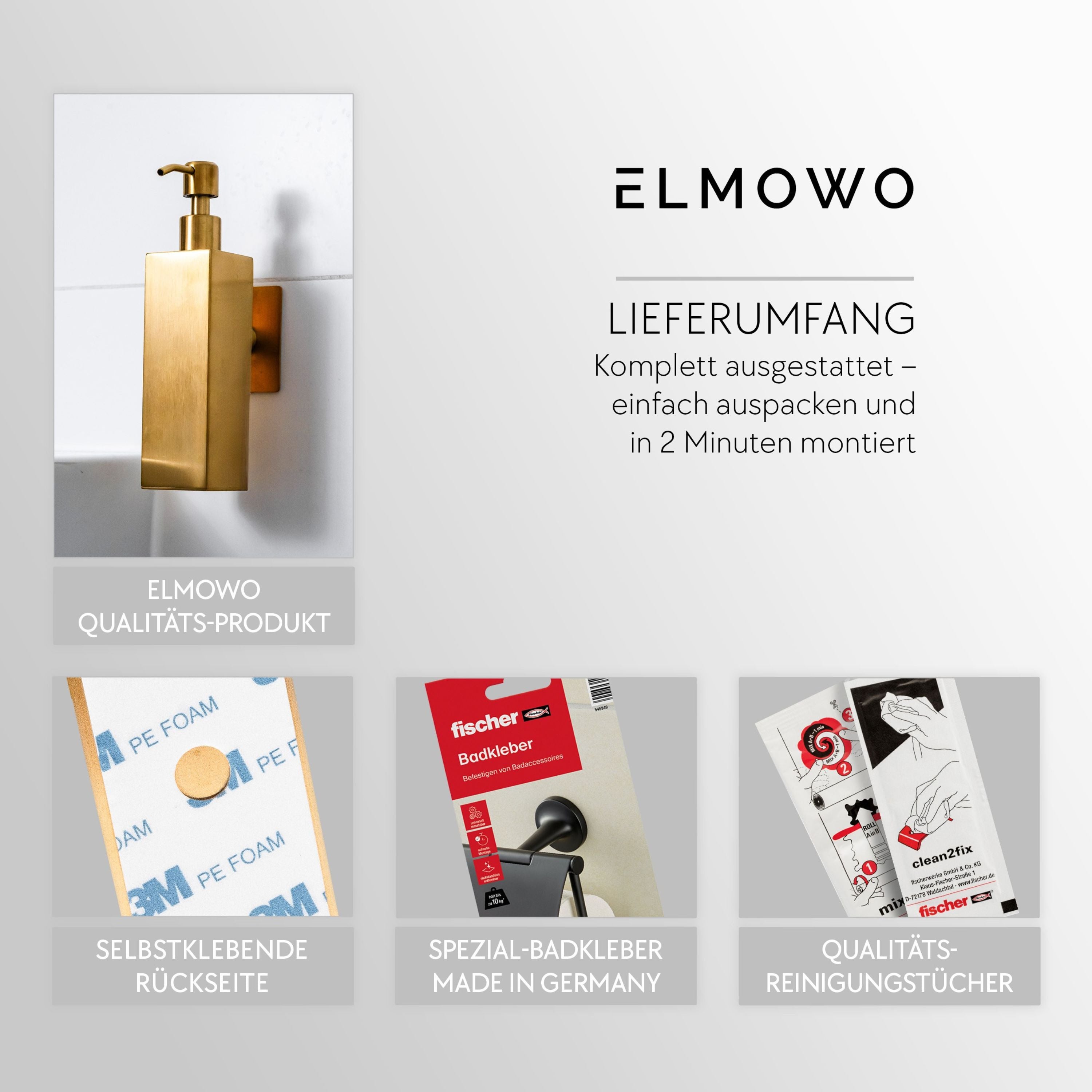 ELMOWO - Edelstahl Seifenspender ohne Bohren 220ml (gold) für Flüssigseife