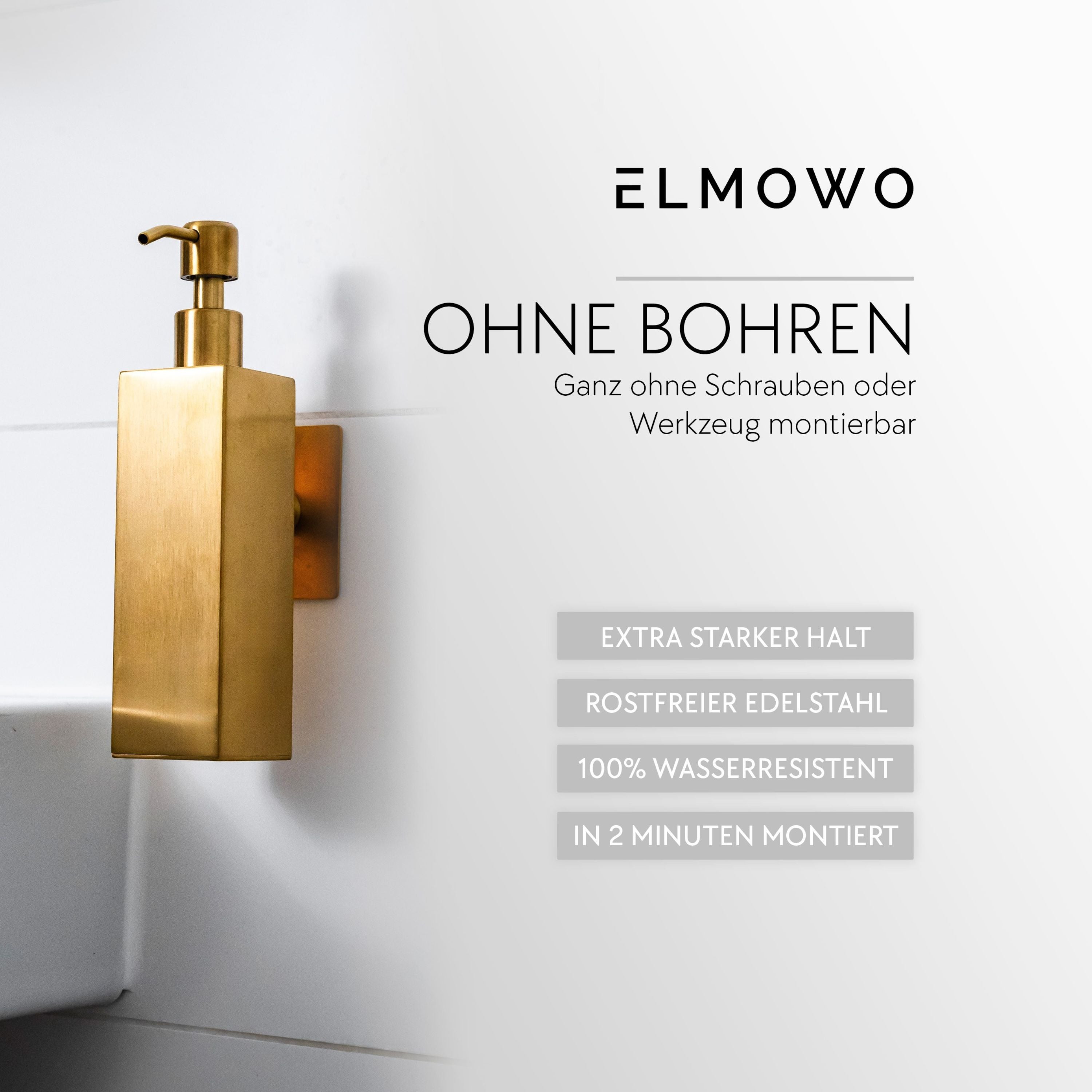 ELMOWO - Edelstahl Seifenspender ohne Bohren 220ml (gold) für Flüssigseife