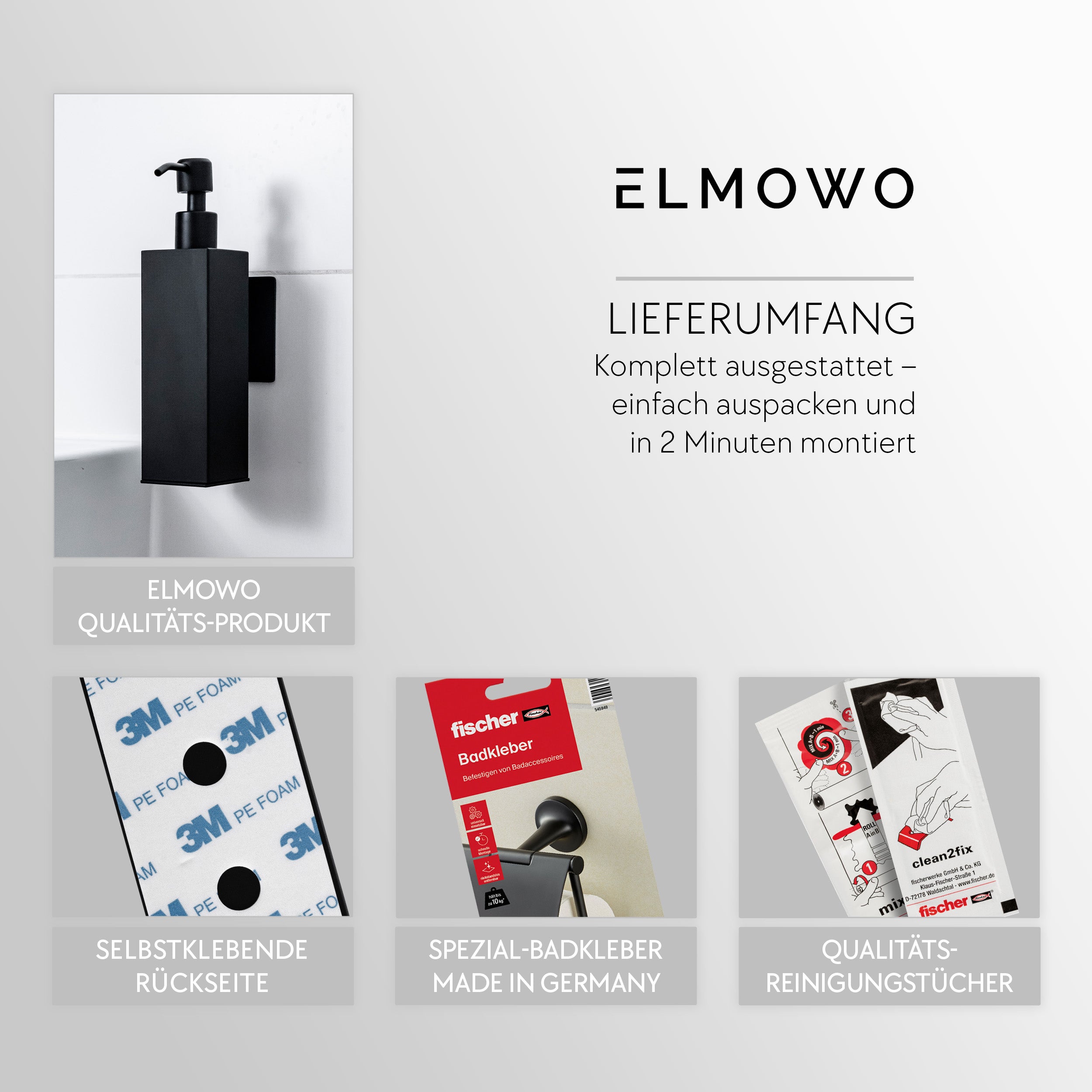 ELMOWO - Edelstahl Seifenspender ohne Bohren 220ml (schwarz) für Flüssigseife