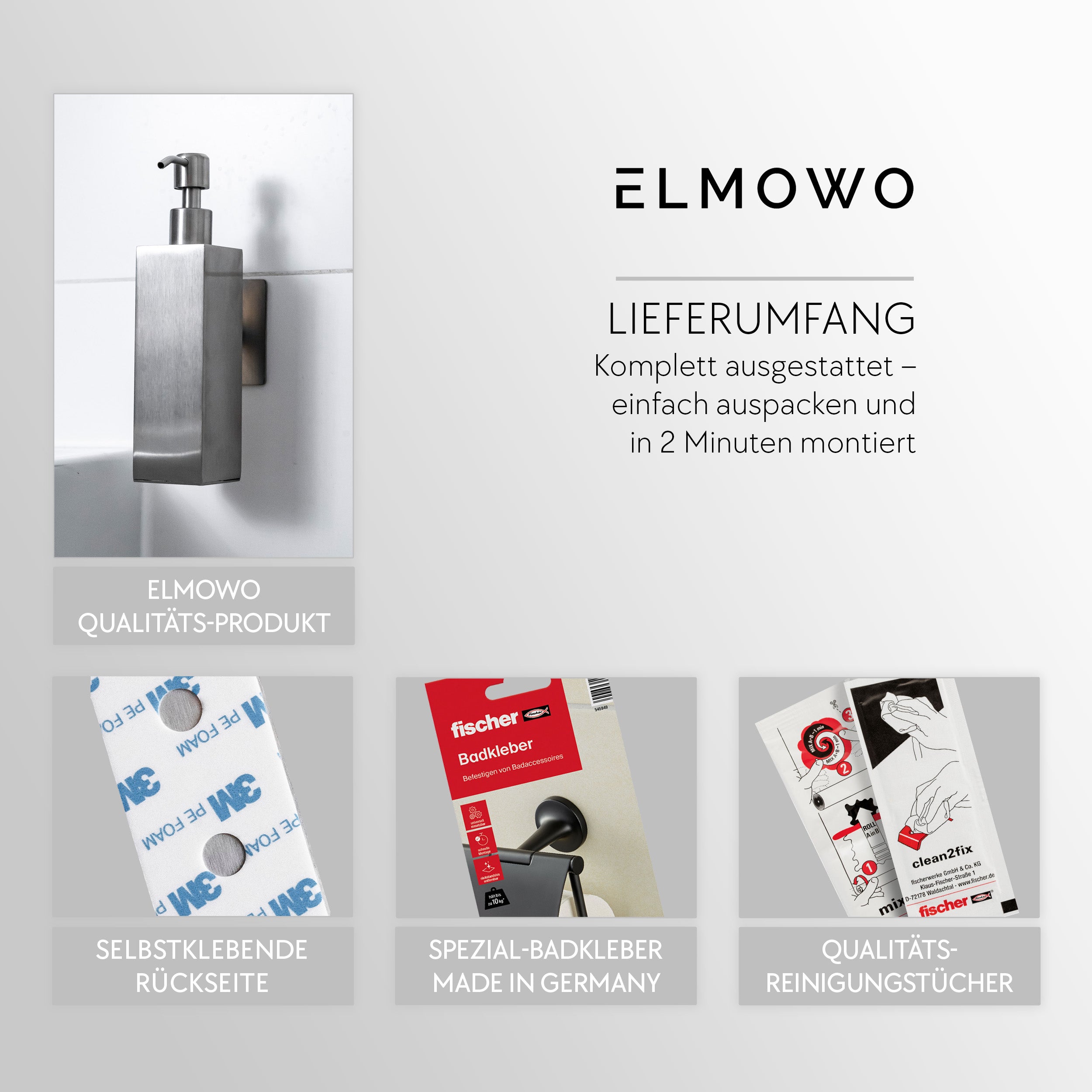 ELMOWO - Edelstahl Seifenspender ohne Bohren 220ml (silber) für Flüssigseife