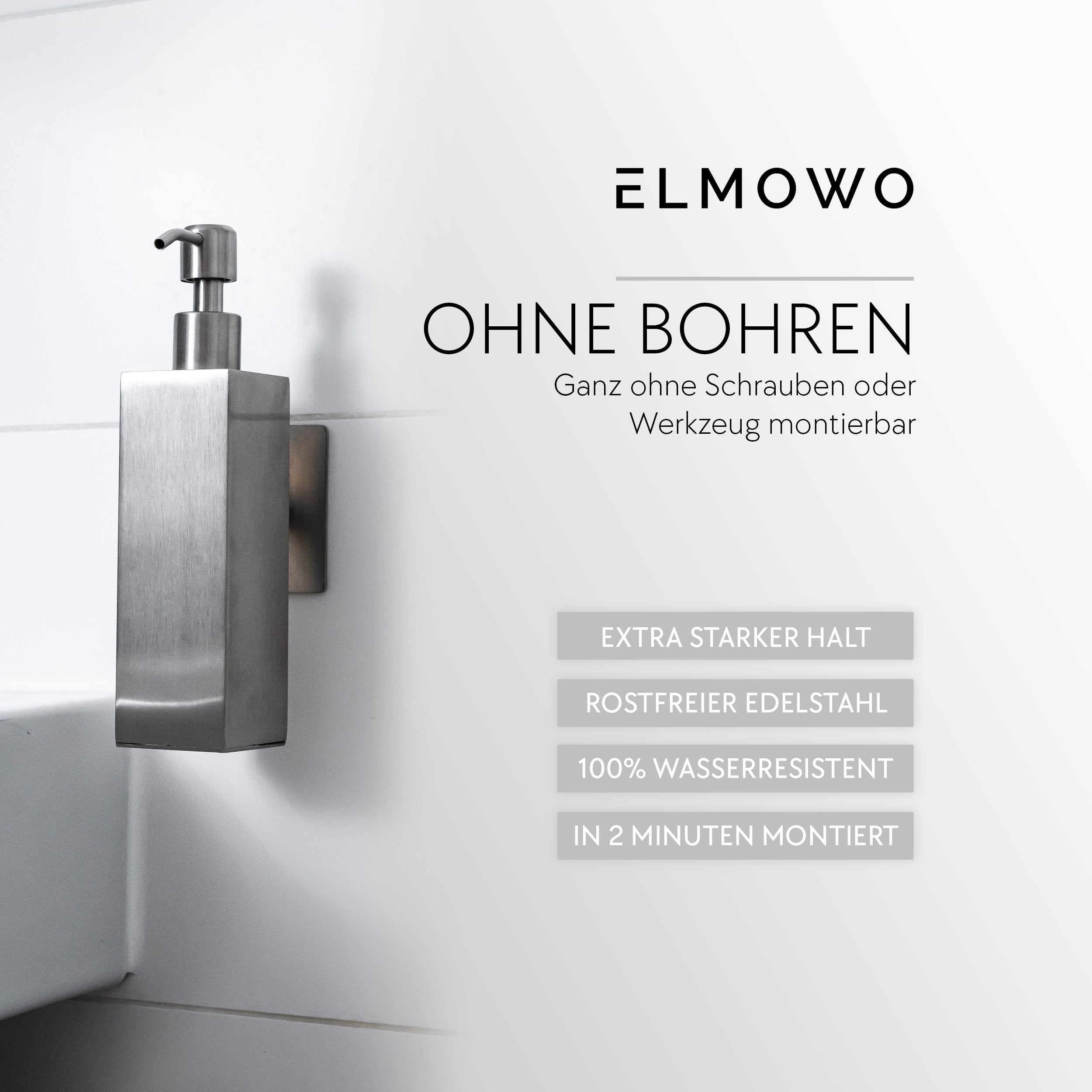 ELMOWO - Edelstahl Seifenspender ohne Bohren 220ml (silber) für Flüssigseife