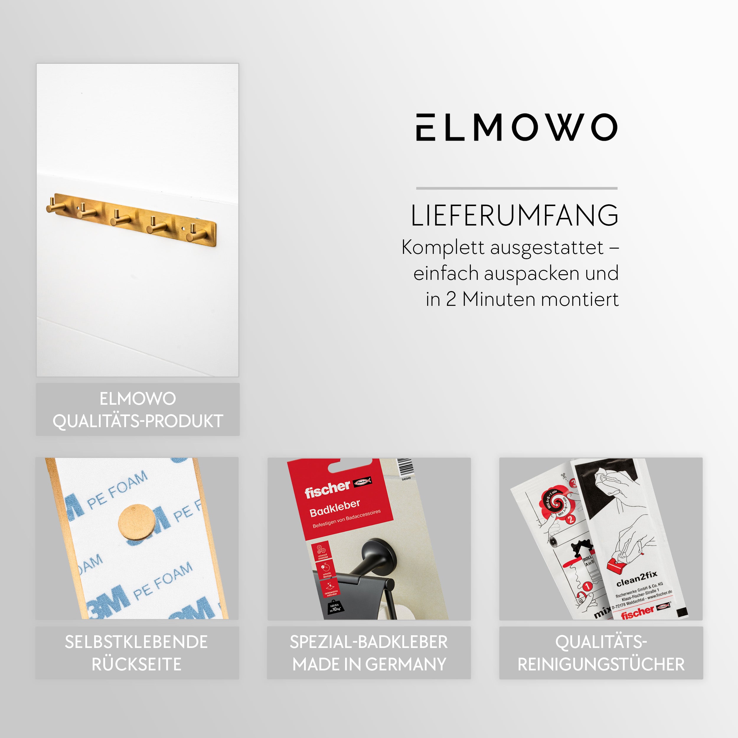 ELMOWO - Edelstahl Hakenleiste ohne Bohren mit 5 Haken (gold)