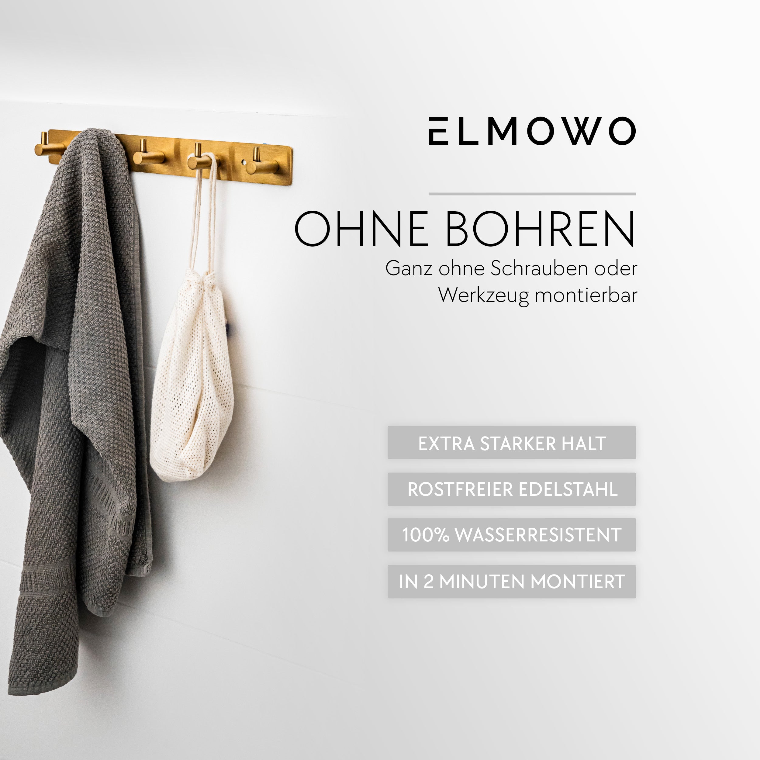 ELMOWO - Edelstahl Hakenleiste ohne Bohren mit 5 Haken (gold)
