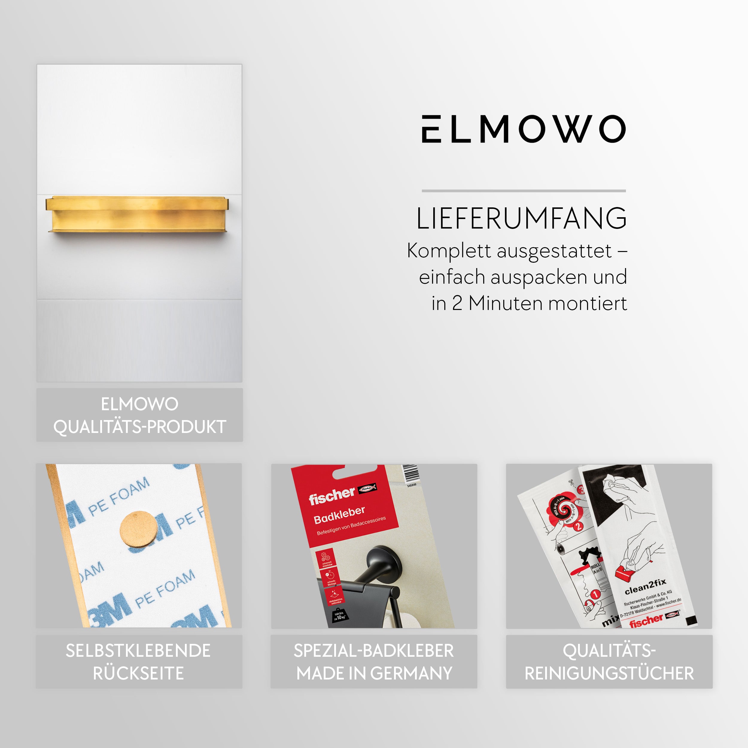 ELMOWO - Edelstahl Handtuchregal ohne Bohren für 5 Handtücher (gold)