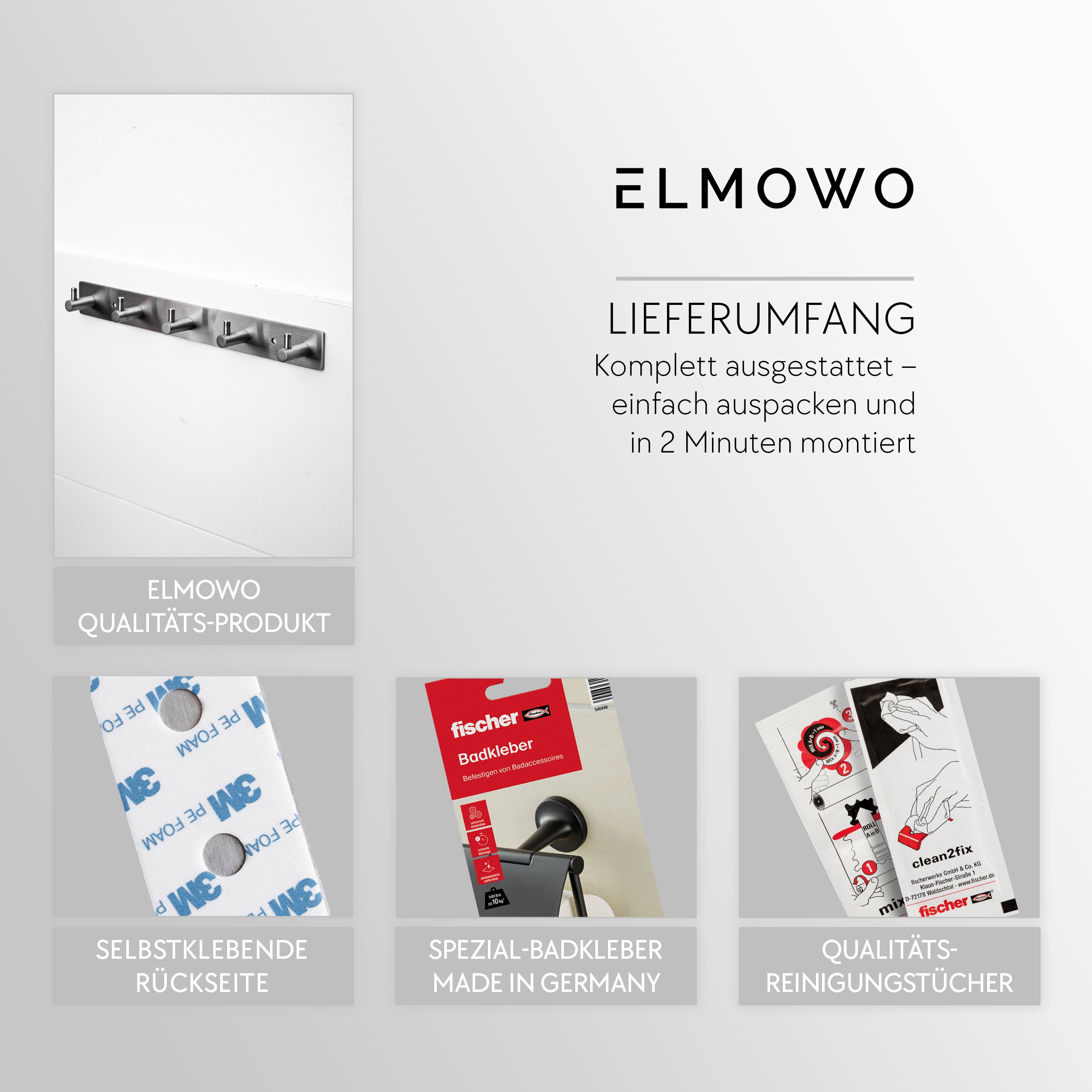ELMOWO - Edelstahl Hakenleiste ohne Bohren mit 5 Haken (silber)