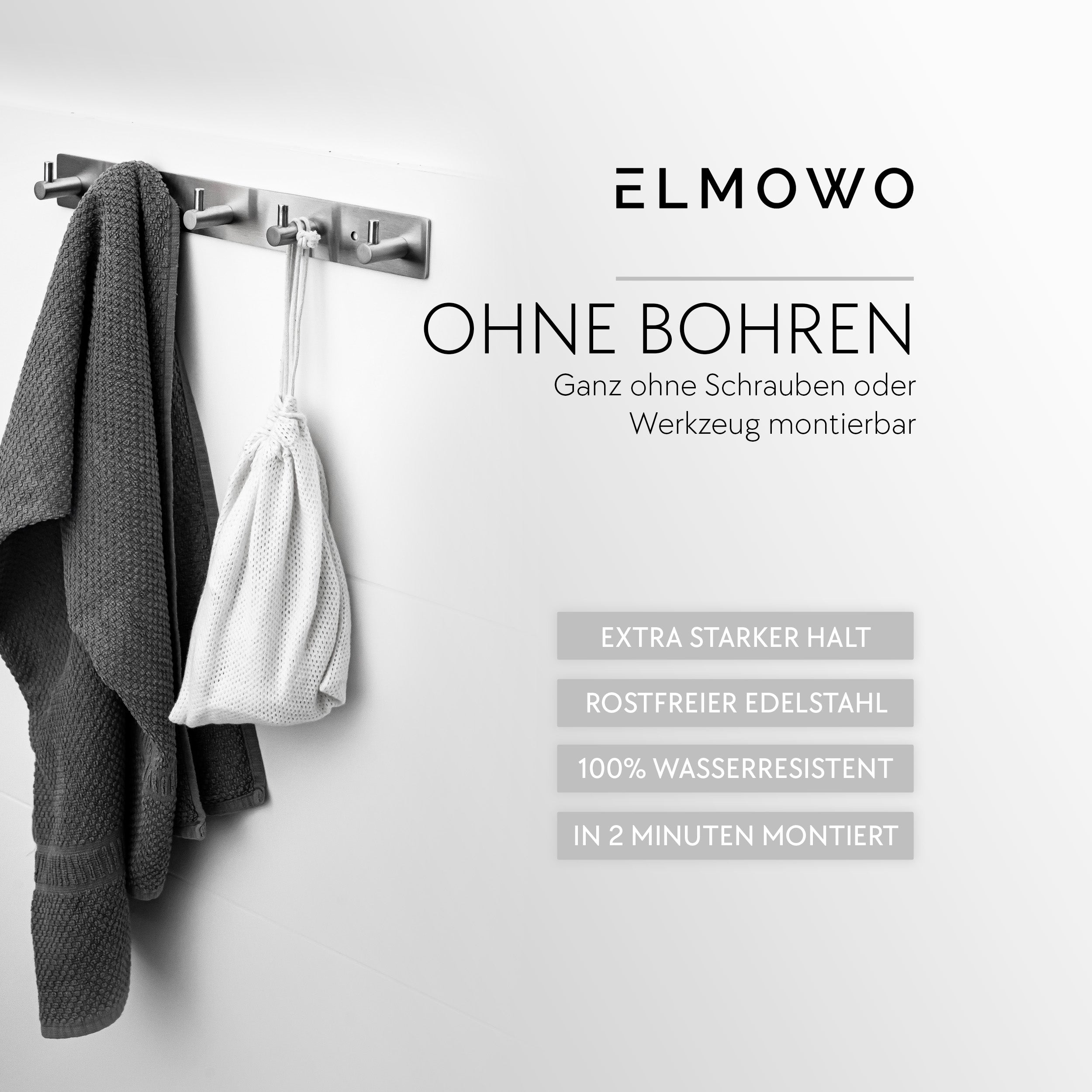 ELMOWO - Edelstahl Hakenleiste ohne Bohren mit 5 Haken (silber)