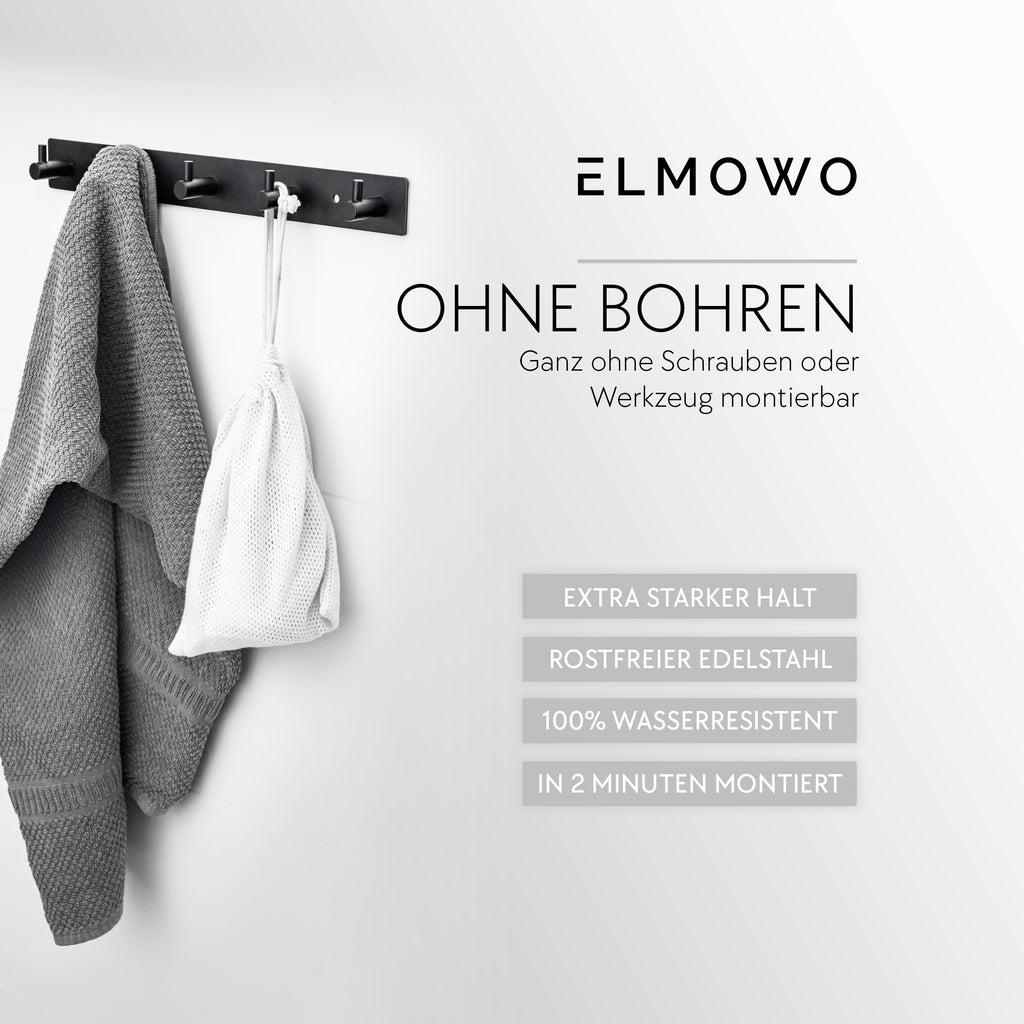 ELMOWO - Edelstahl Hakenleiste ohne Bohren mit 5 Haken (schwarz)