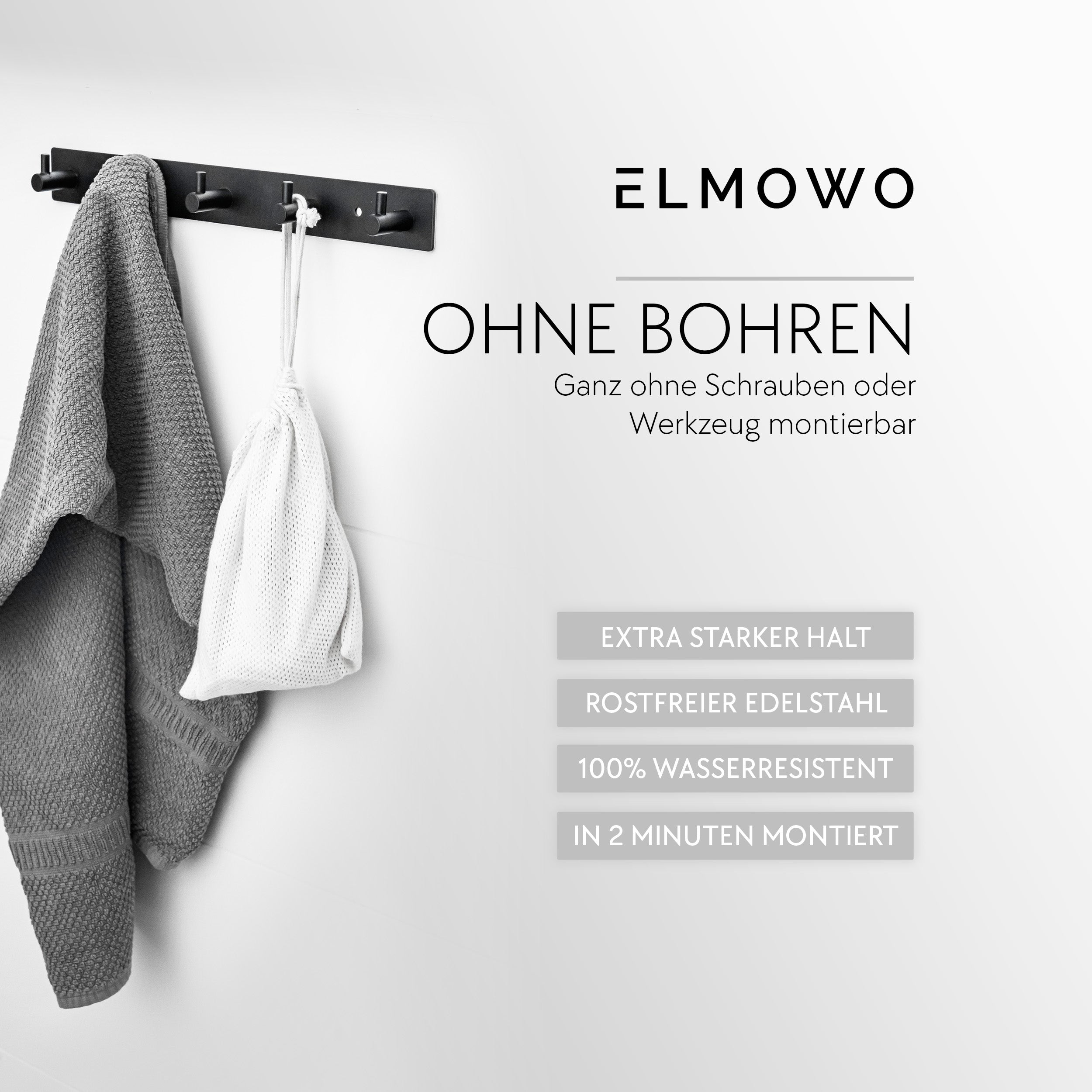 ELMOWO - Edelstahl Hakenleiste ohne Bohren mit 5 Haken (schwarz)