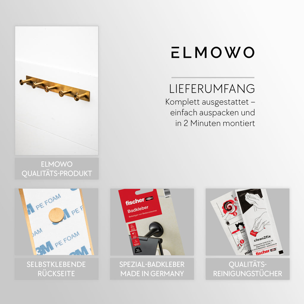 ELMOWO - Edelstahl Hakenleiste ohne Bohren mit 5 Haken (gold)