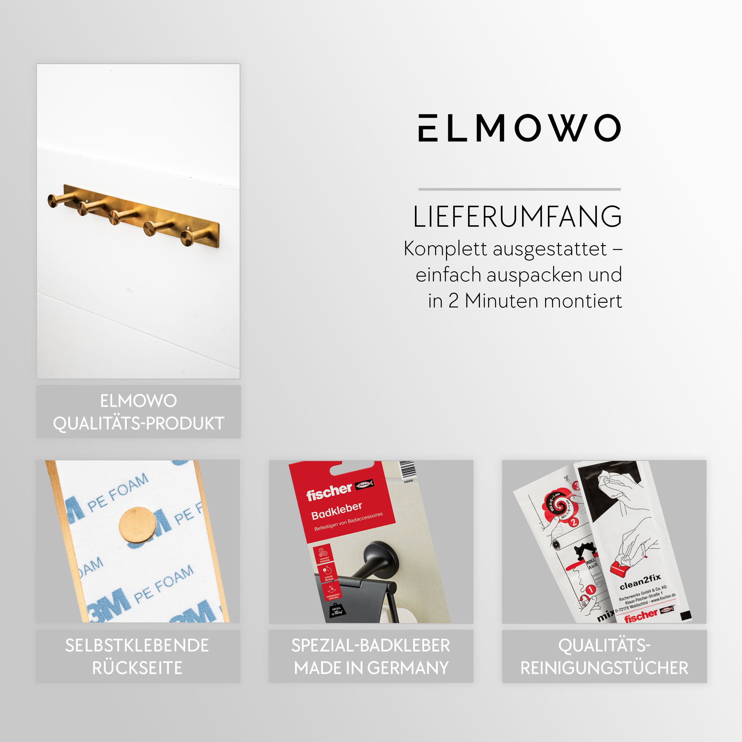 ELMOWO - Edelstahl Hakenleiste ohne Bohren mit 5 Haken (gold)