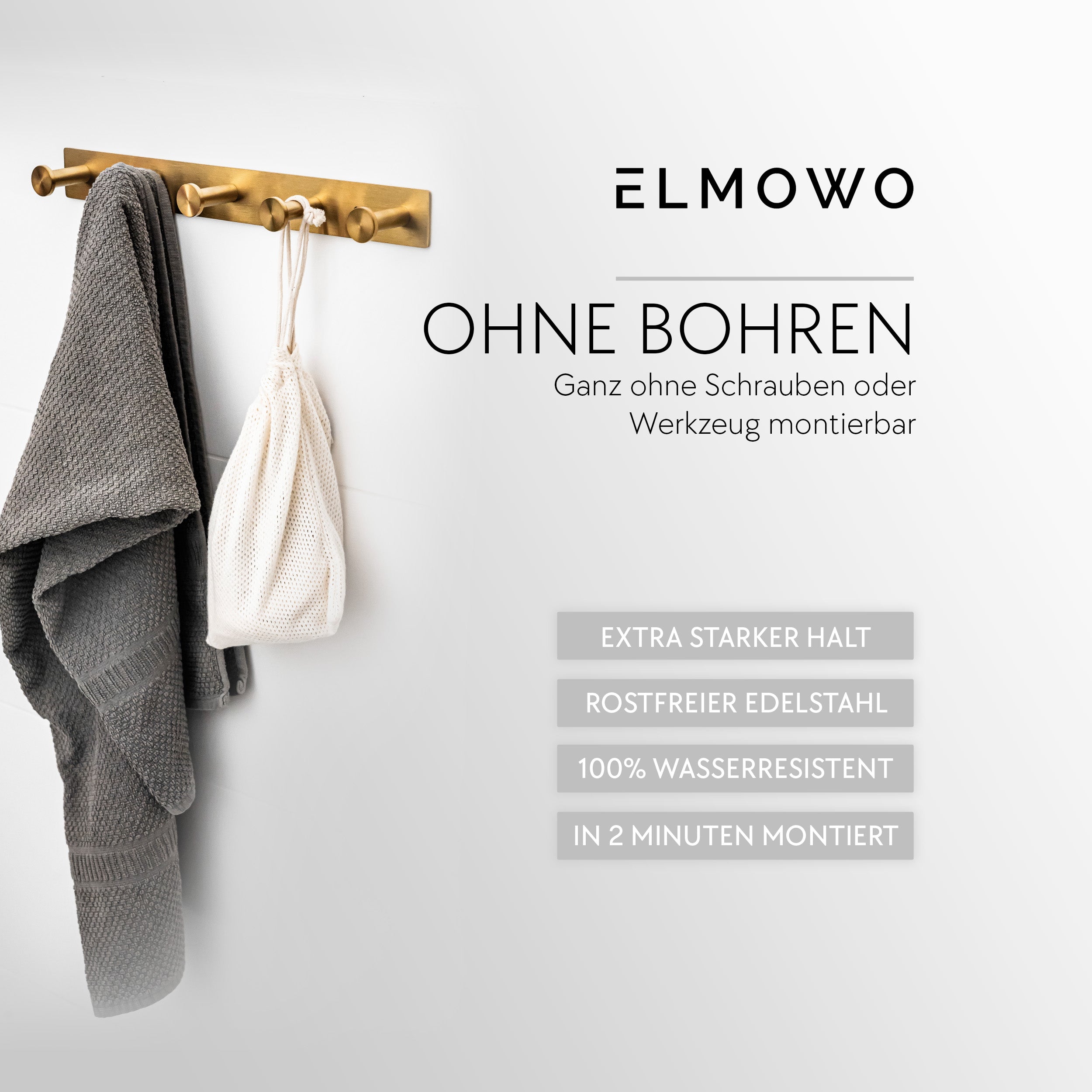 ELMOWO - Edelstahl Hakenleiste ohne Bohren mit 5 Haken (gold)