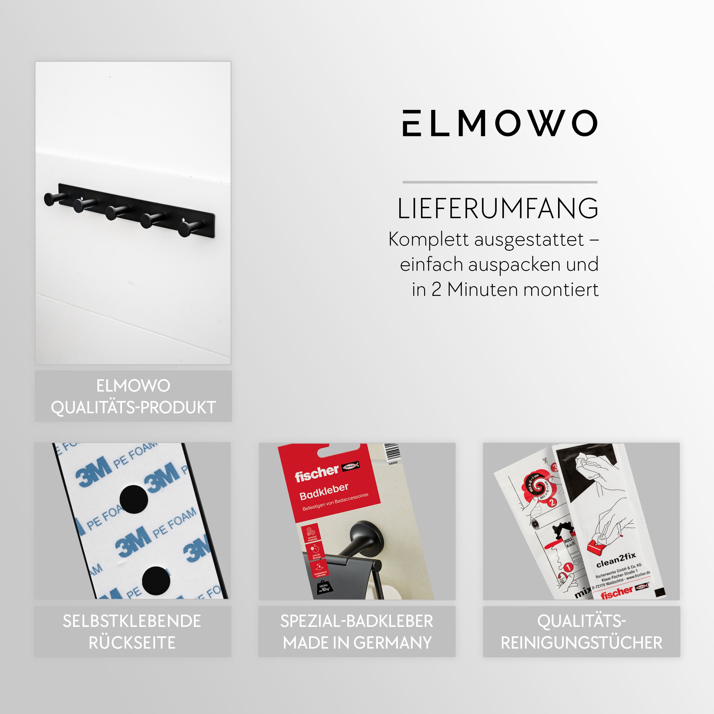 ELMOWO - Edelstahl Hakenleiste ohne Bohren mit 5 Haken (schwarz)