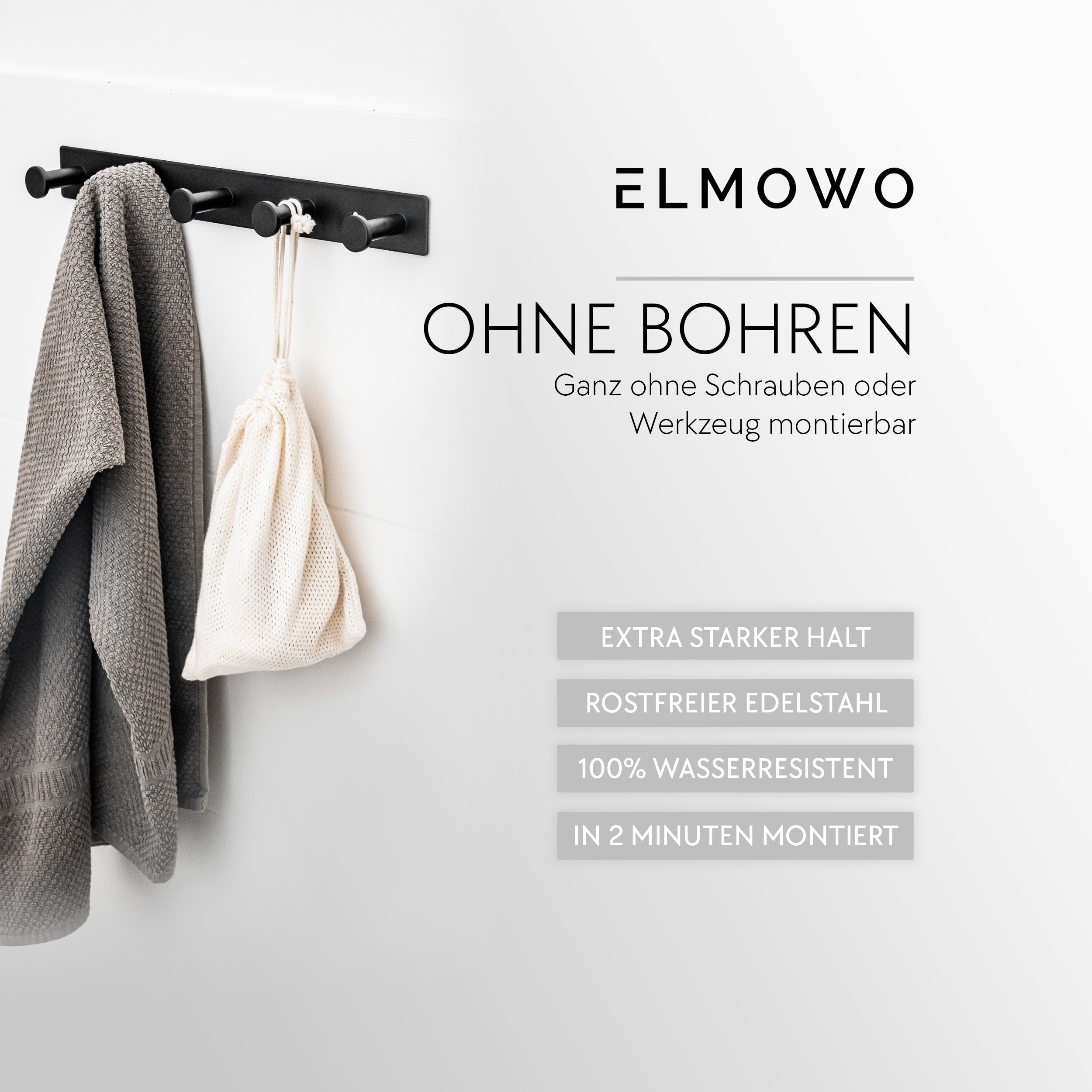 ELMOWO - Edelstahl Hakenleiste ohne Bohren mit 5 Haken (schwarz)