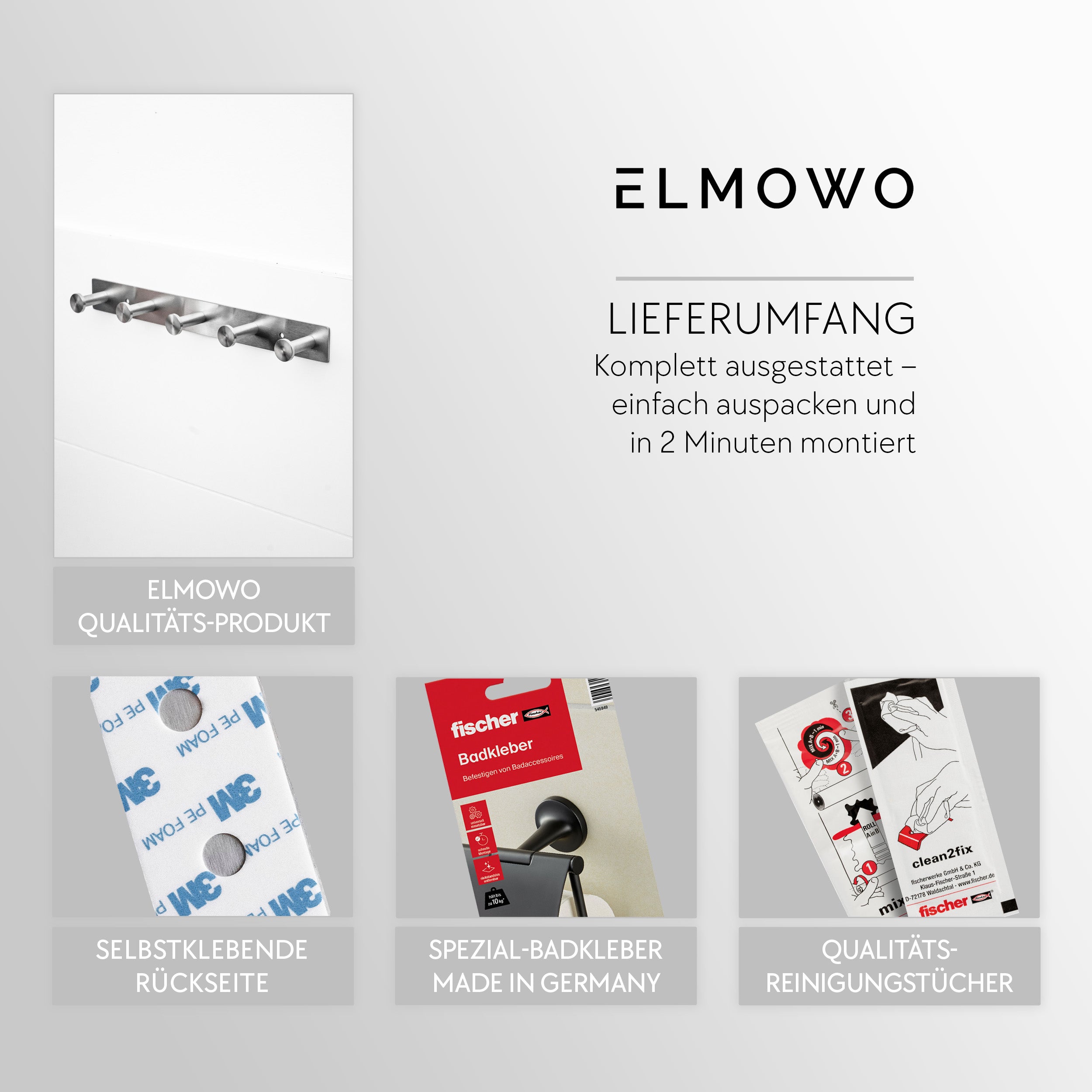 ELMOWO - Edelstahl Hakenleiste ohne Bohren mit 5 Haken (silber)