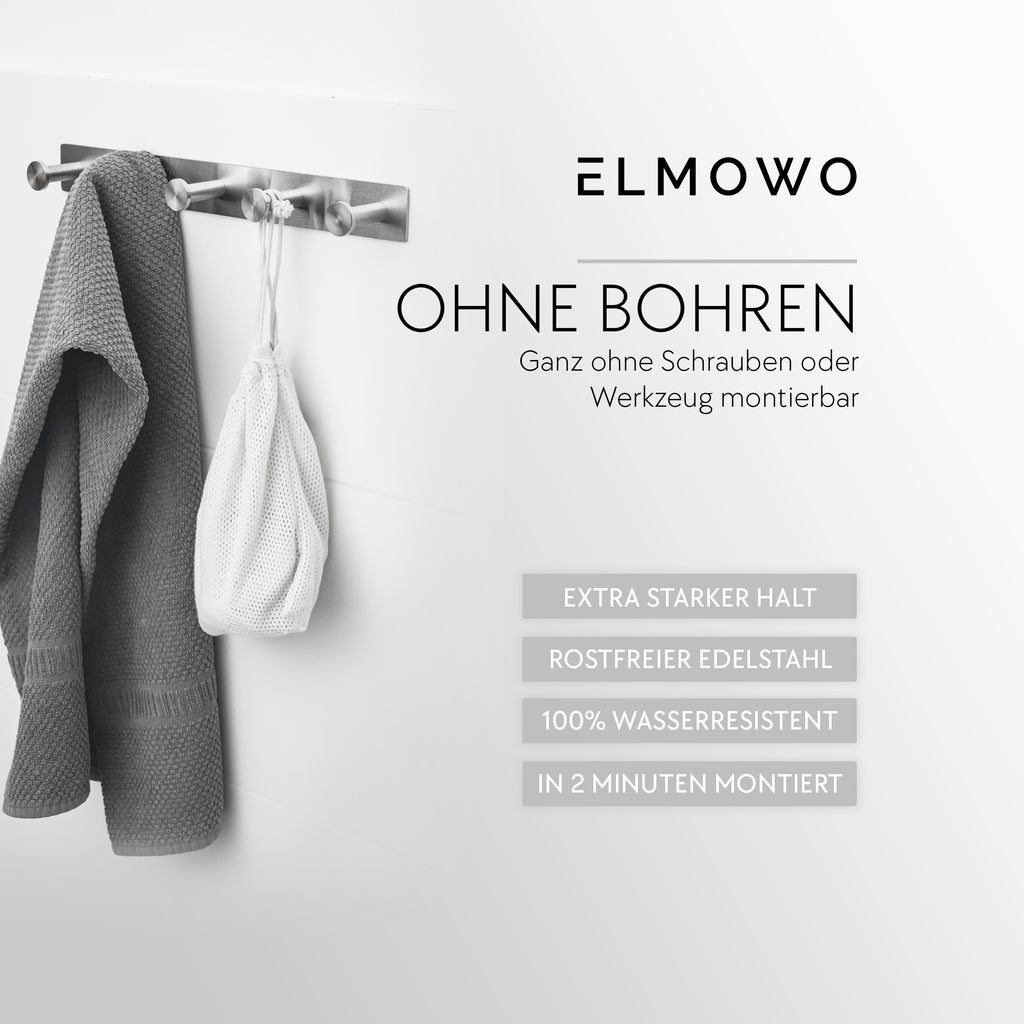 ELMOWO - Edelstahl Hakenleiste ohne Bohren mit 5 Haken (silber)