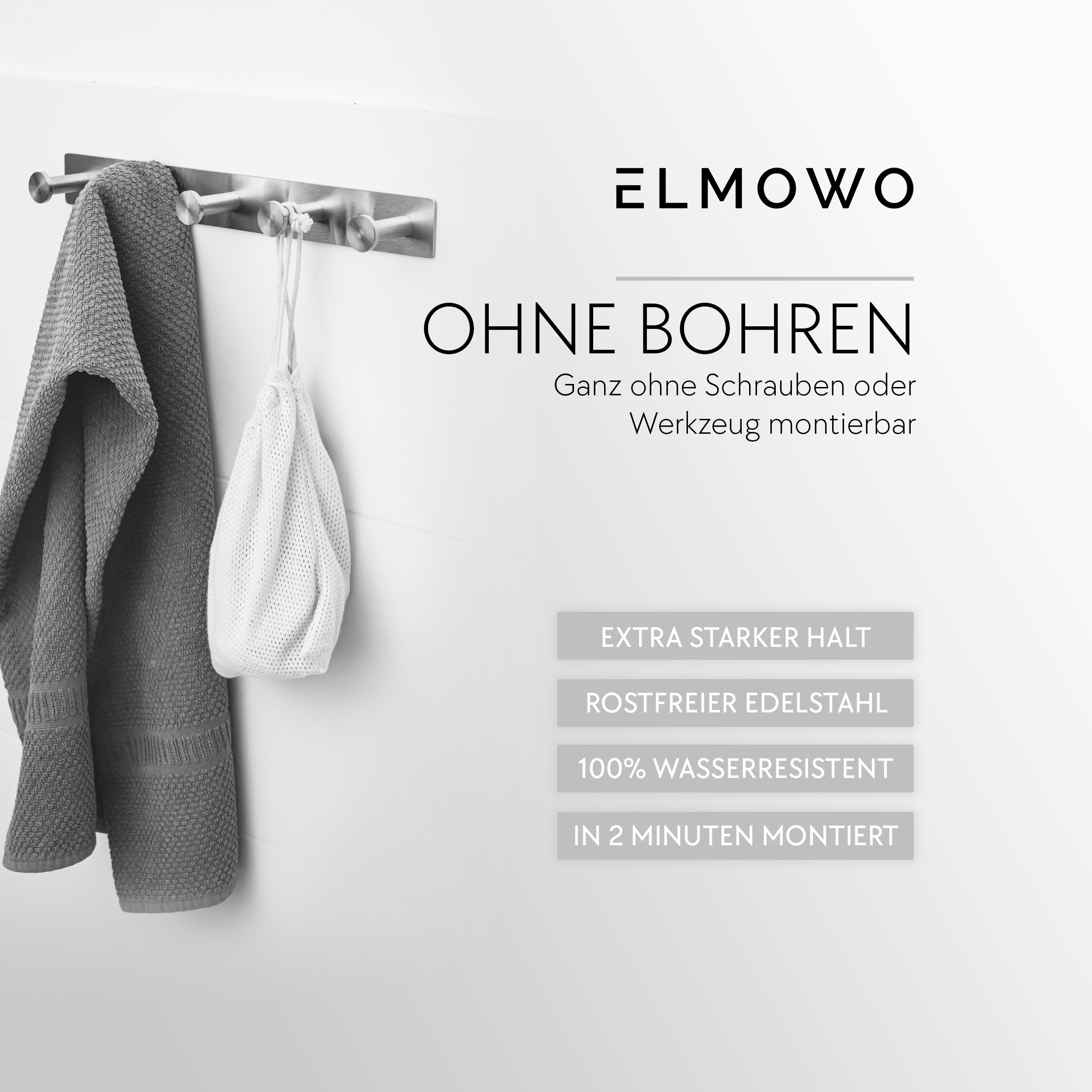 ELMOWO - Edelstahl Hakenleiste ohne Bohren mit 5 Haken (silber)