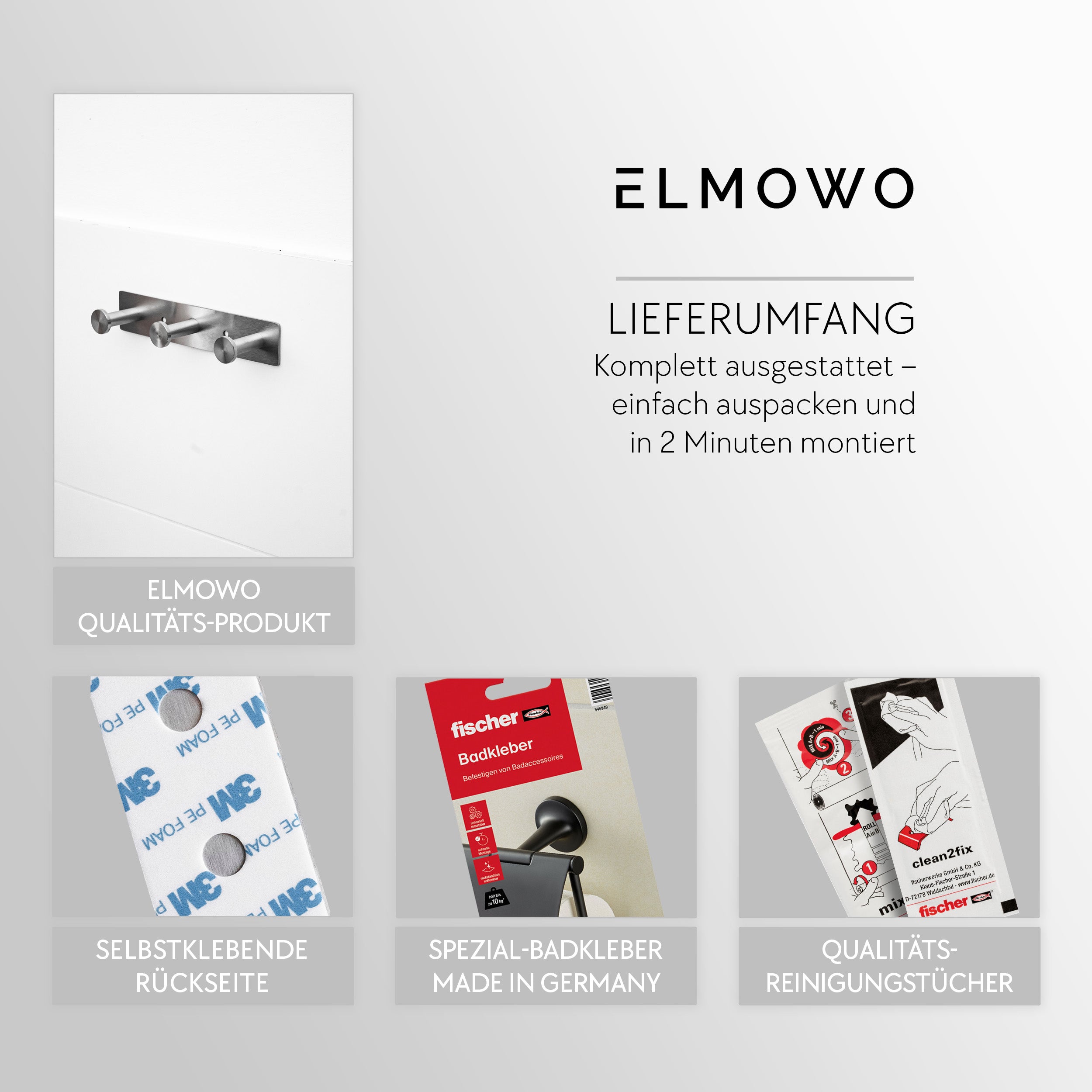 ELMOWO - Edelstahl Hakenleiste ohne Bohren mit 3 Haken (silber)