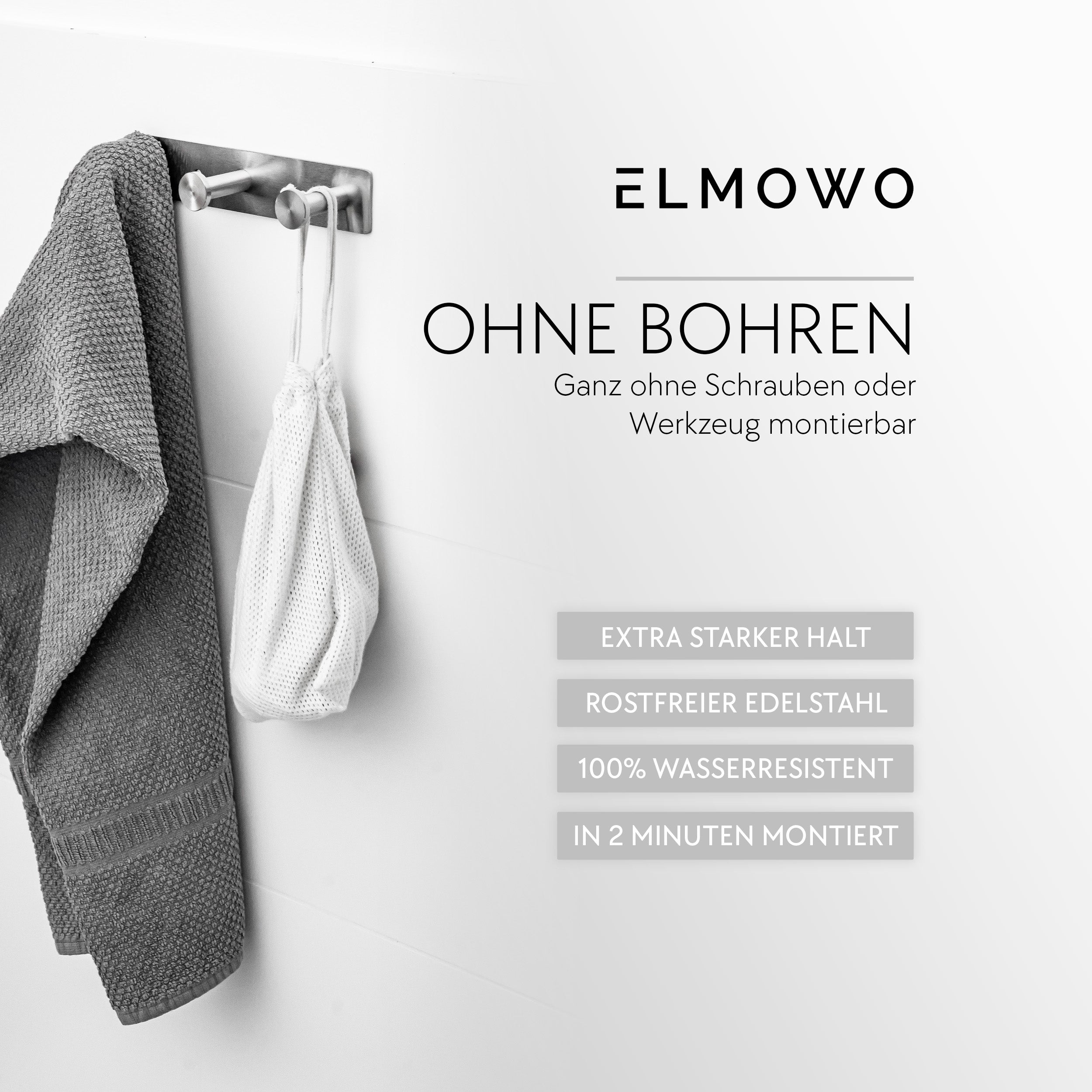 ELMOWO - Edelstahl Hakenleiste ohne Bohren mit 3 Haken (silber)