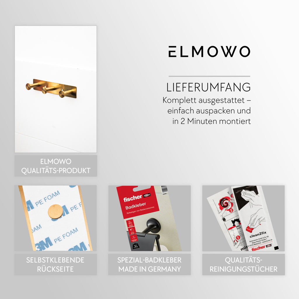 ELMOWO - Edelstahl Hakenleiste ohne Bohren mit 3 Haken (gold)