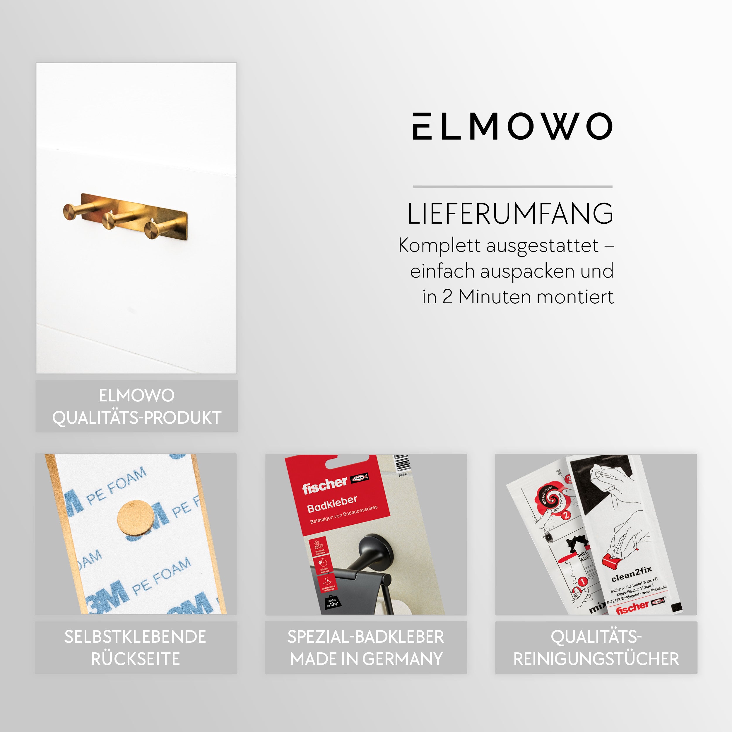 ELMOWO - Edelstahl Hakenleiste ohne Bohren mit 3 Haken (gold)