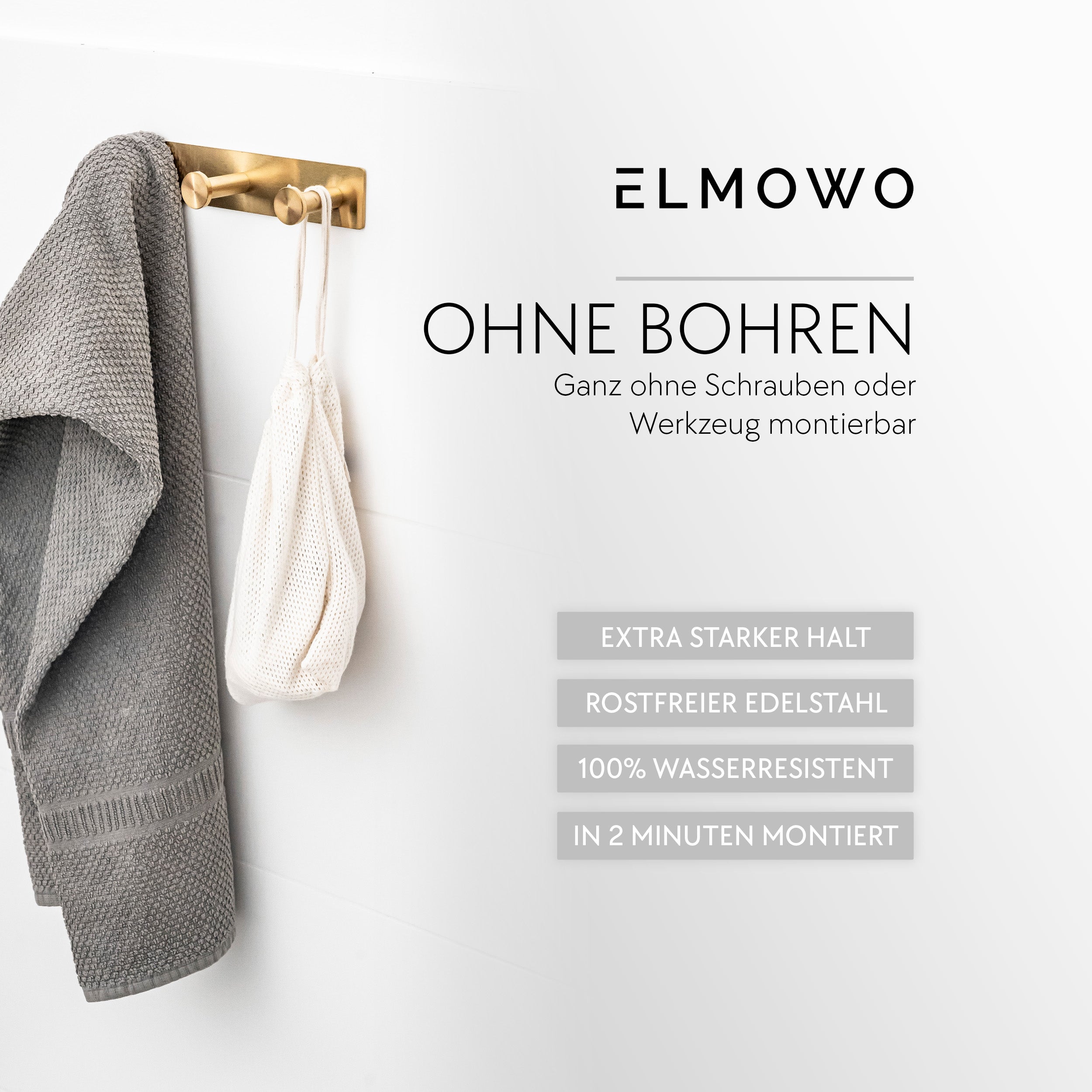 ELMOWO - Edelstahl Hakenleiste ohne Bohren mit 3 Haken (gold)