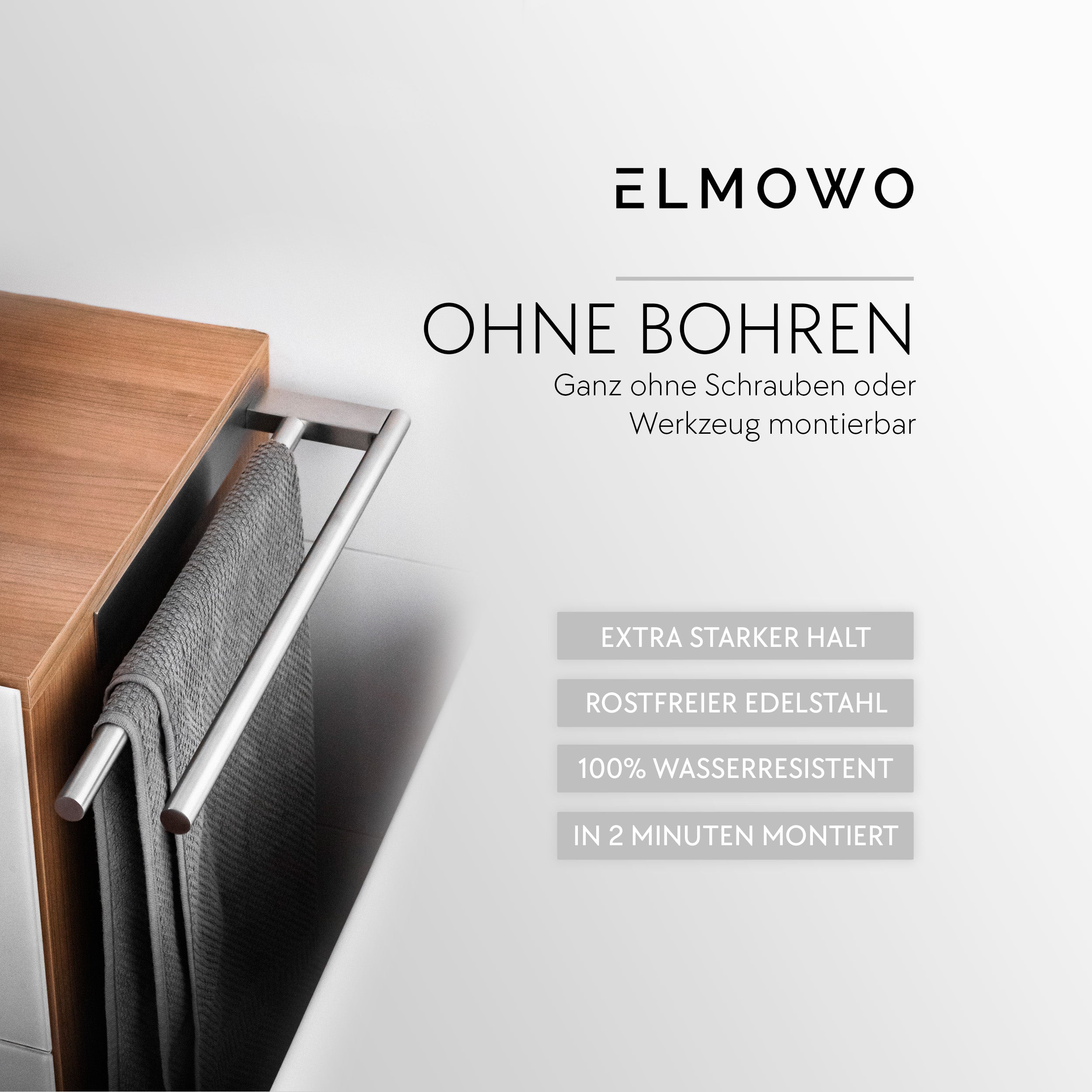 ELMOWO - Edelstahl Handtuchhalter doppelt ohne Bohren für 2 Handtücher (silber)