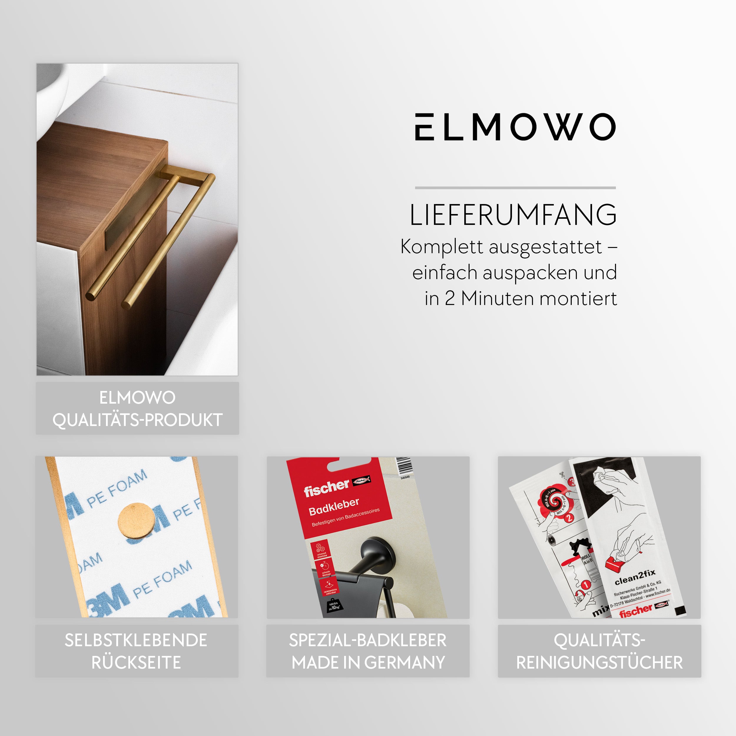 ELMOWO - Edelstahl Handtuchhalter ohne Bohren für 2 Handtücher (gold)