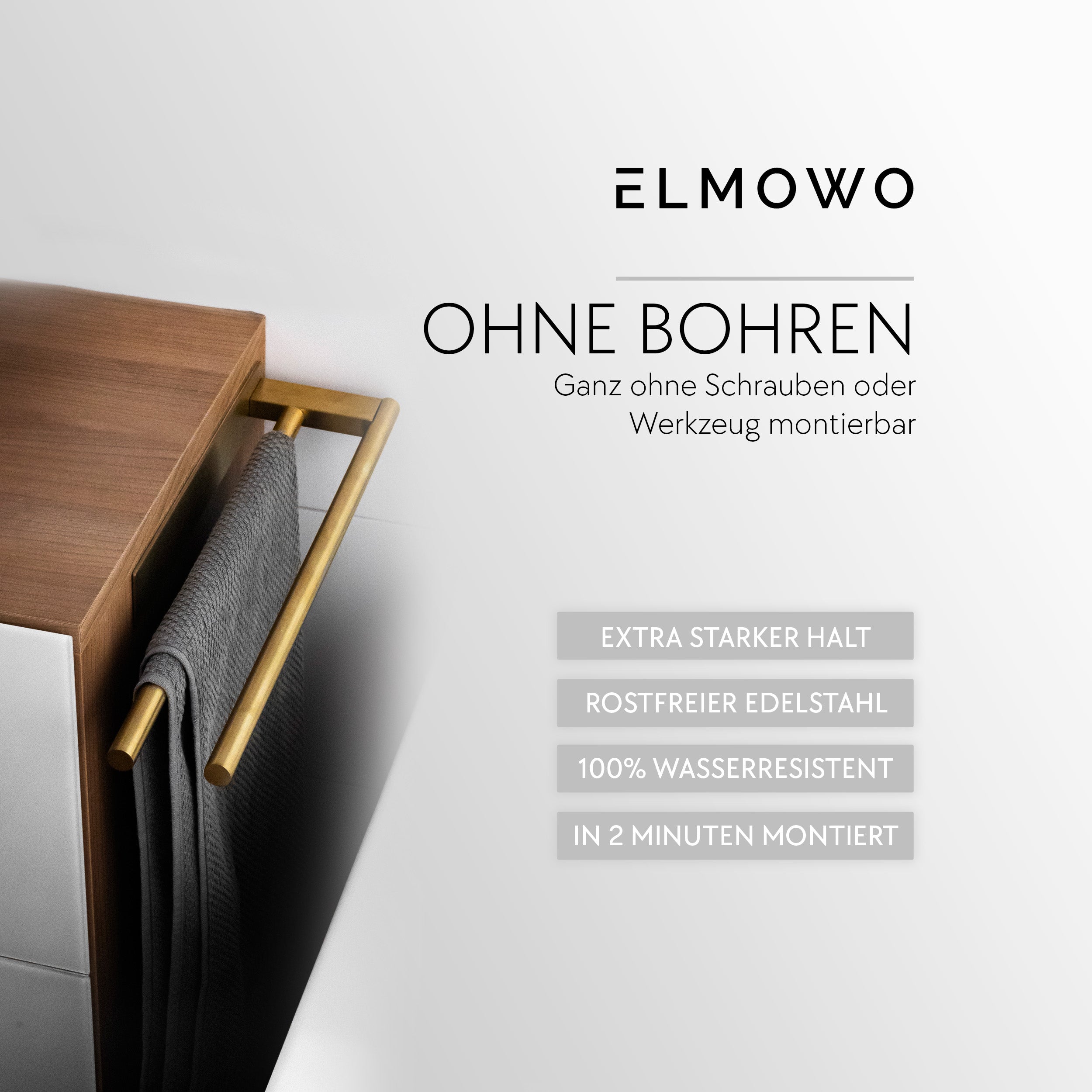ELMOWO - Edelstahl Handtuchhalter ohne Bohren für 2 Handtücher (gold)