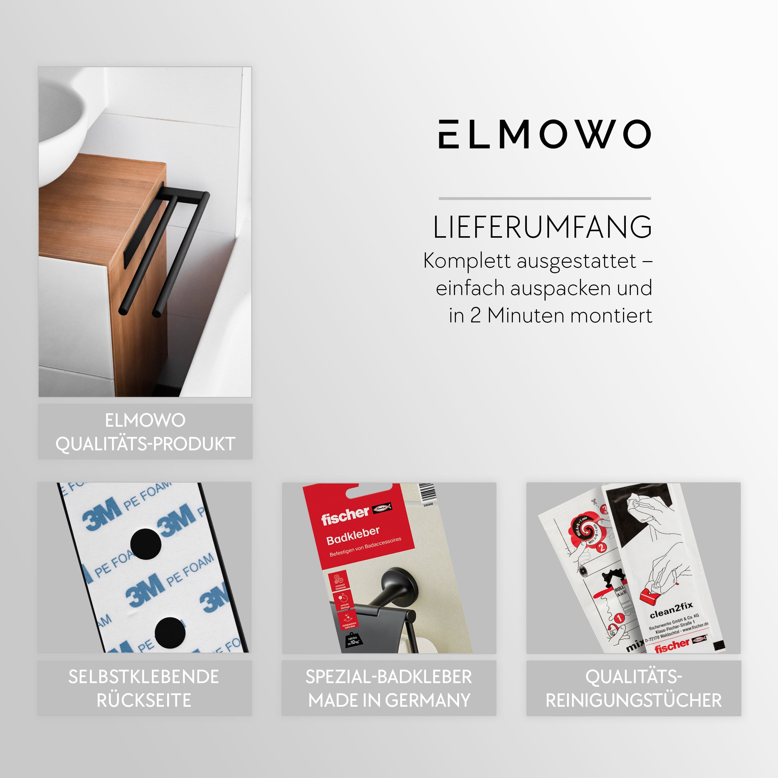ELMOWO - Edelstahl Handtuchhalter doppelt ohne Bohren für 2 Handtücher (schwarz)