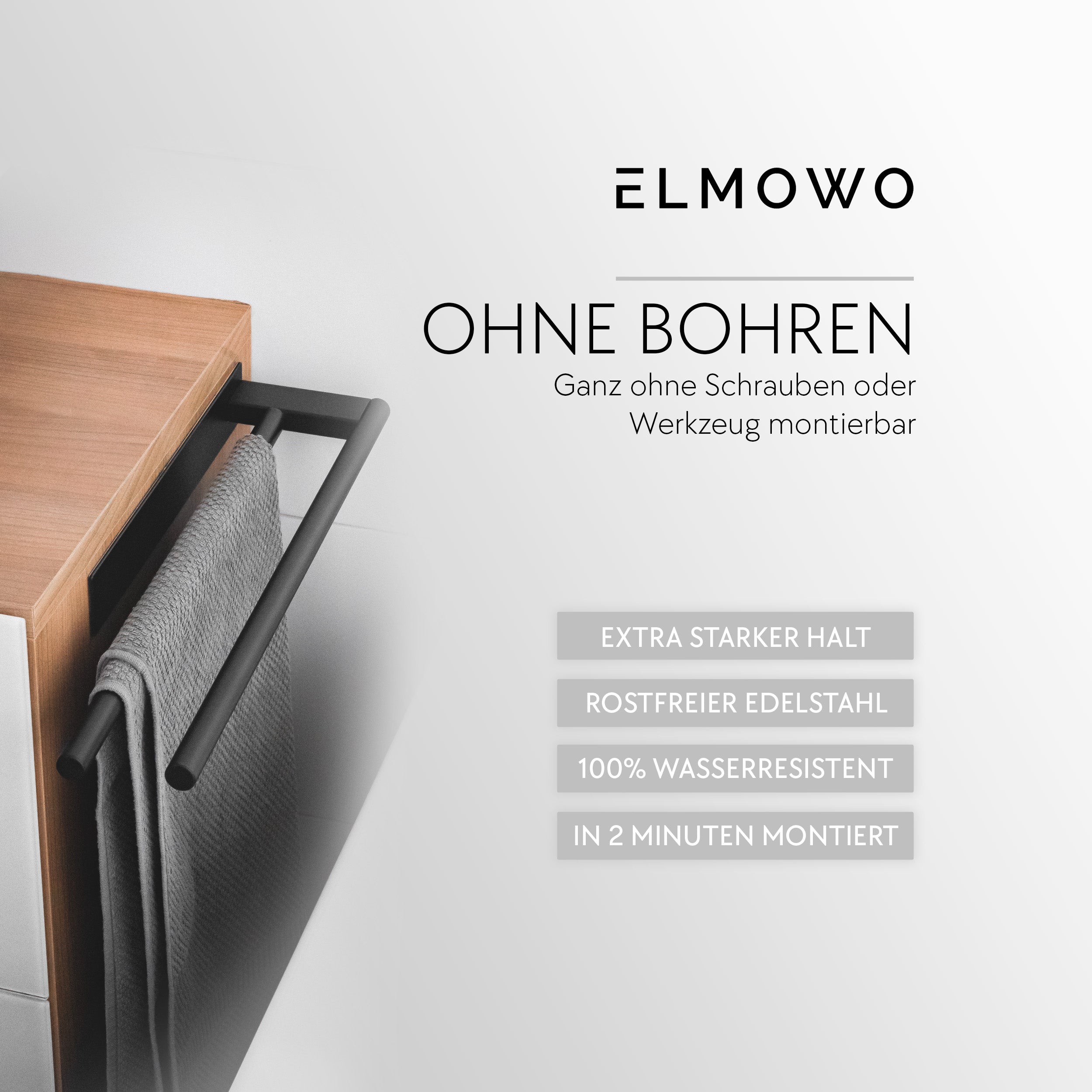 ELMOWO - Edelstahl Handtuchhalter doppelt ohne Bohren für 2 Handtücher (schwarz)