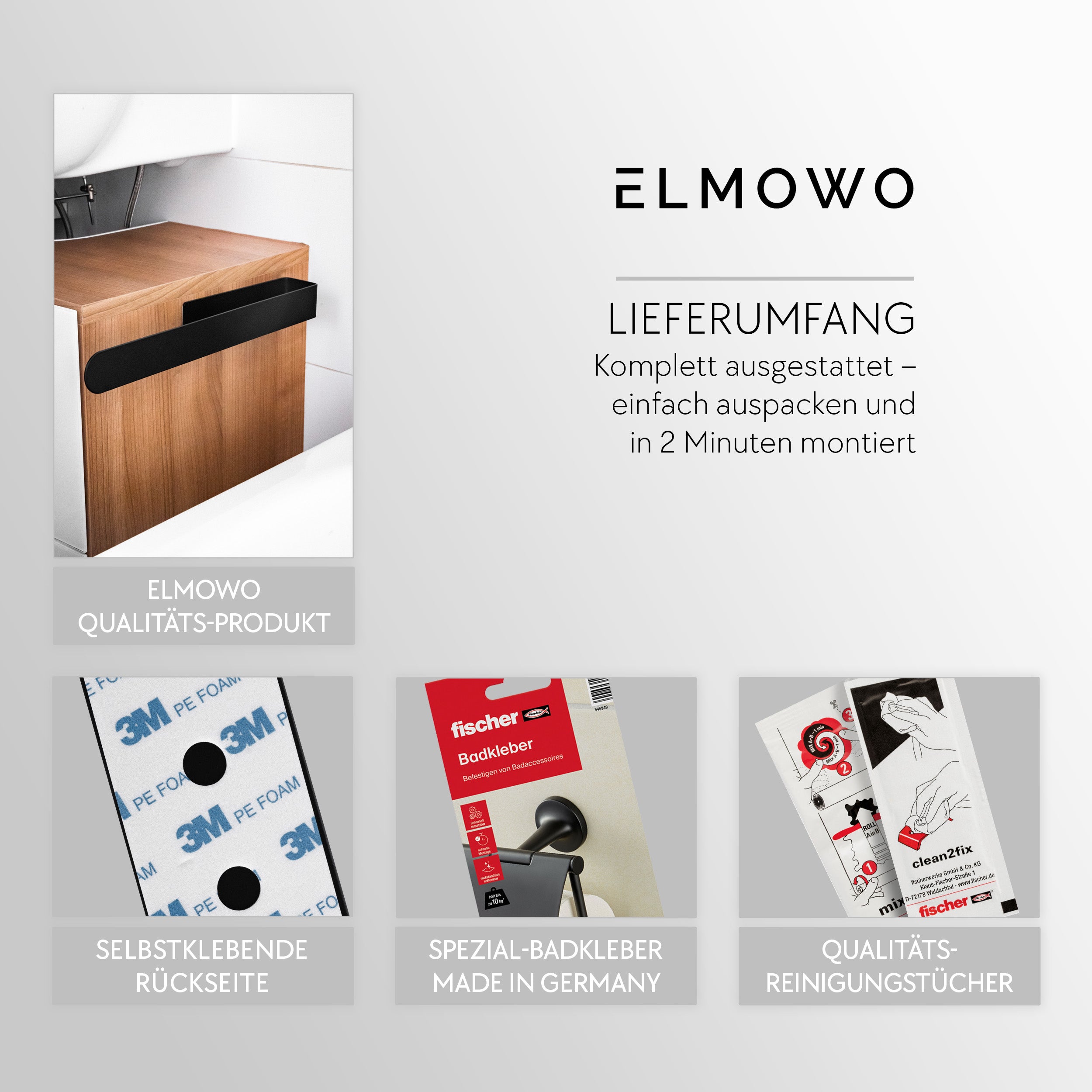 ELMOWO - Edelstahl Handtuchhalter ohne Bohren (schwarz)