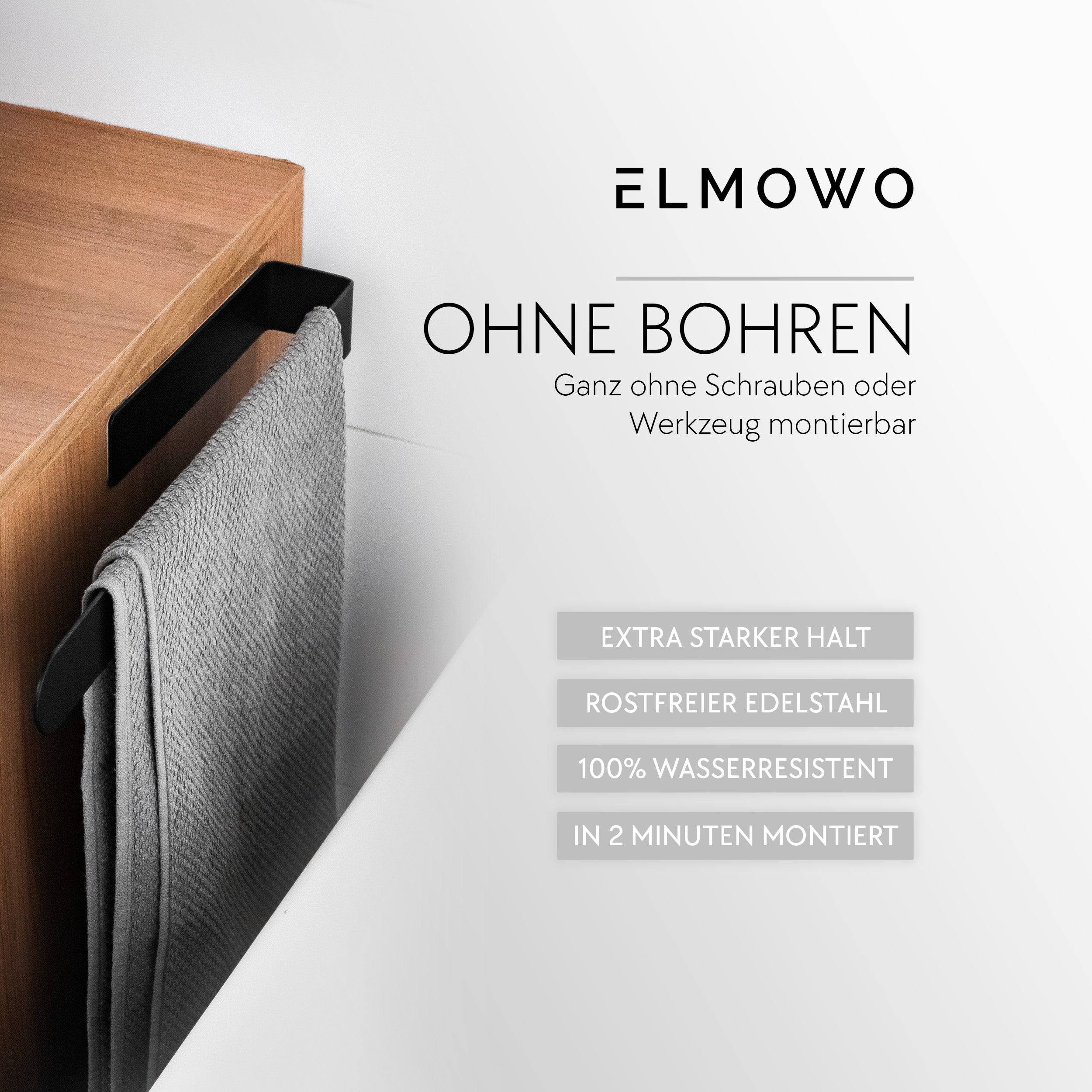 ELMOWO - Edelstahl Handtuchhalter ohne Bohren (schwarz)