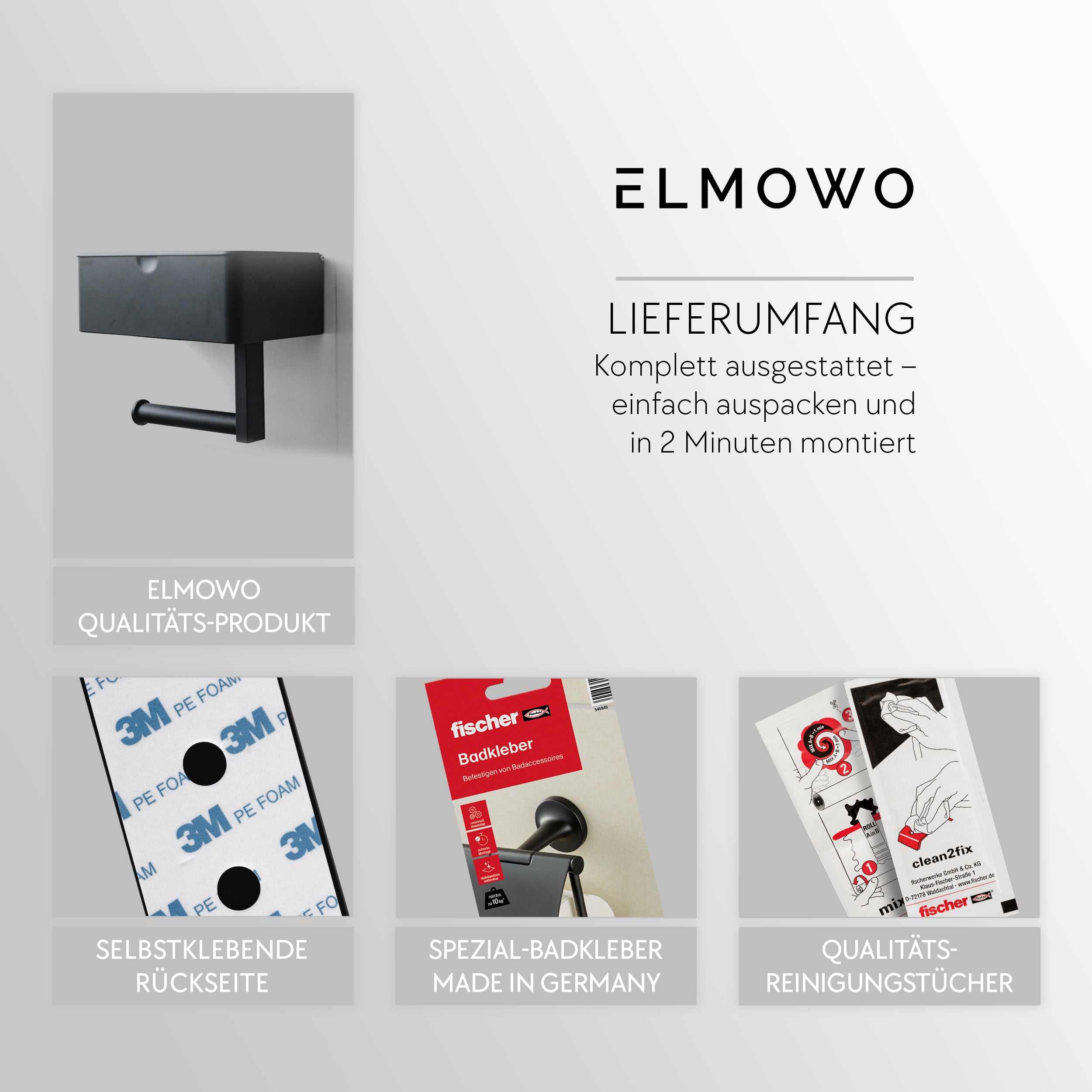 ELMOWO - Edelstahl Toilettenpapierhalter ohne Bohren mit Fach und Ablage (schwarz)