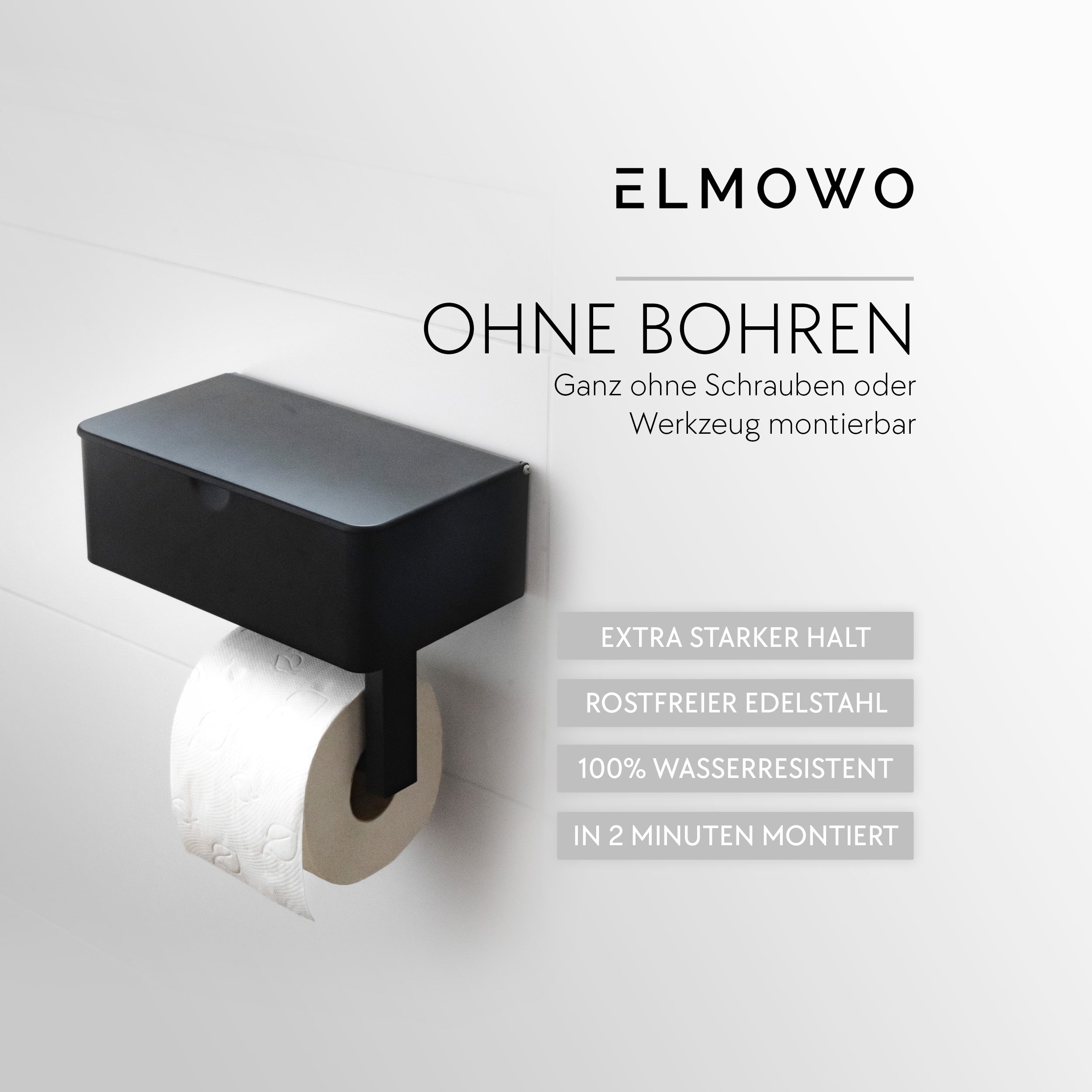 ELMOWO - Edelstahl Toilettenpapierhalter ohne Bohren mit Fach und Ablage (schwarz)