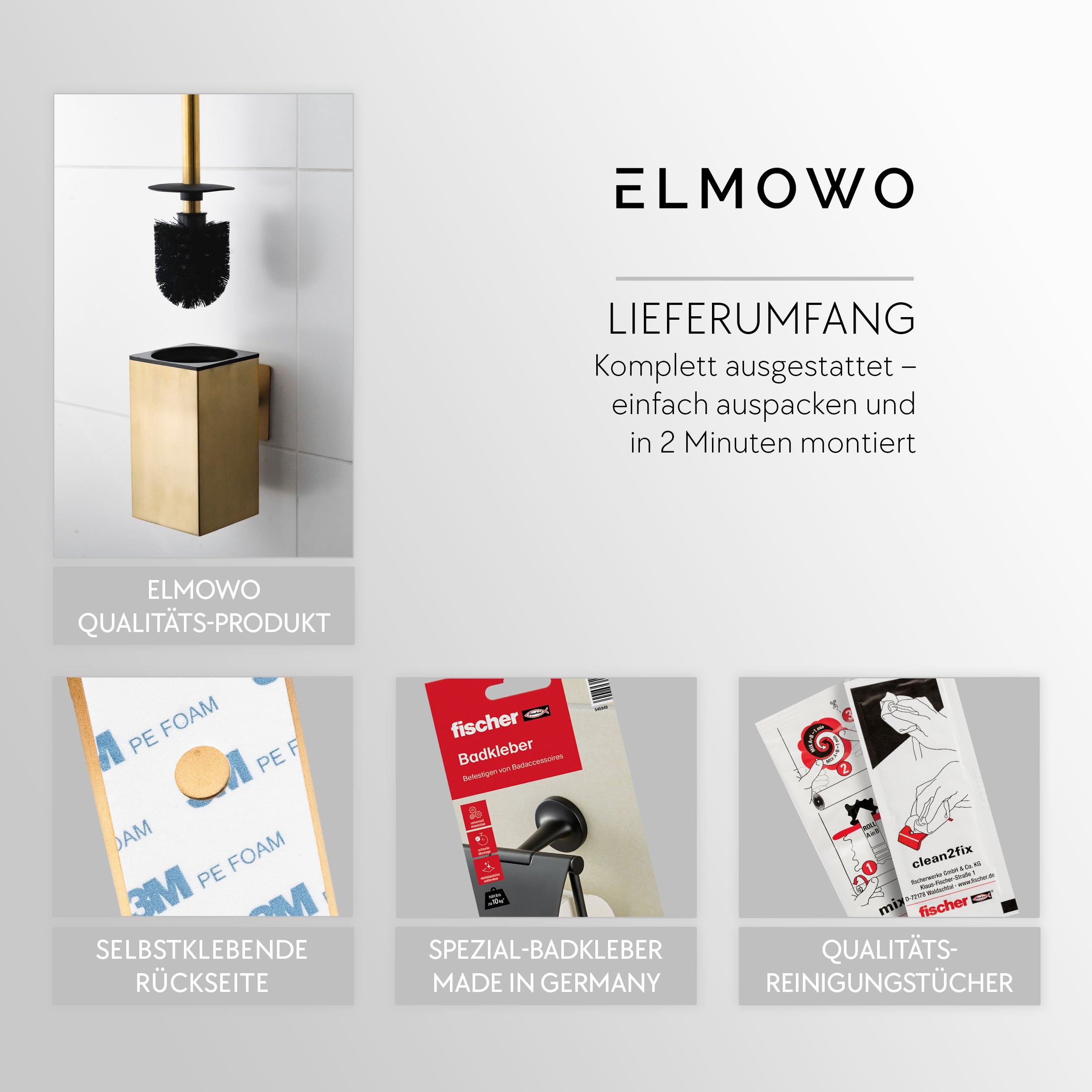 ELMOWO - Edelstahl Klobürste ohne Bohren (gold) im Komplett-Set