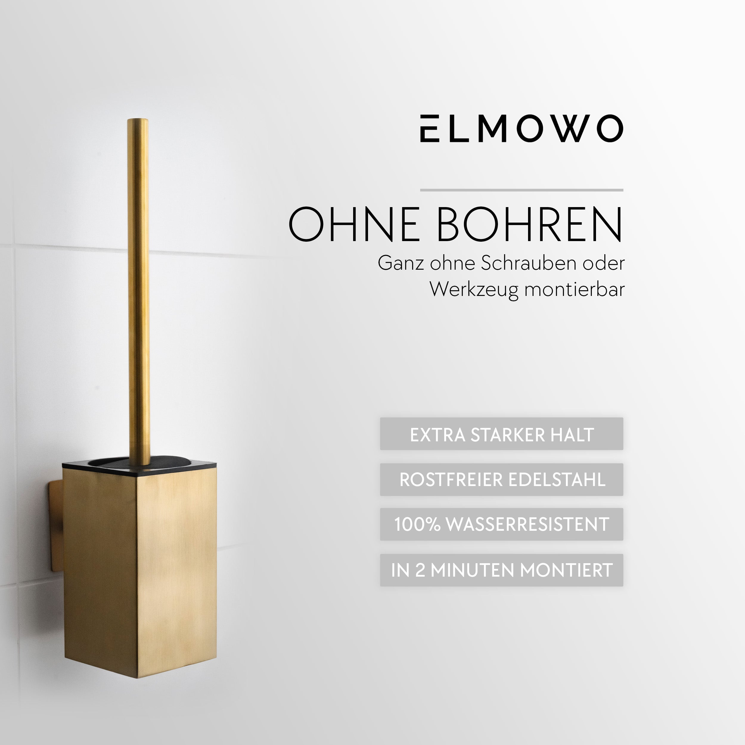 ELMOWO - Edelstahl Klobürste ohne Bohren (gold) im Komplett-Set