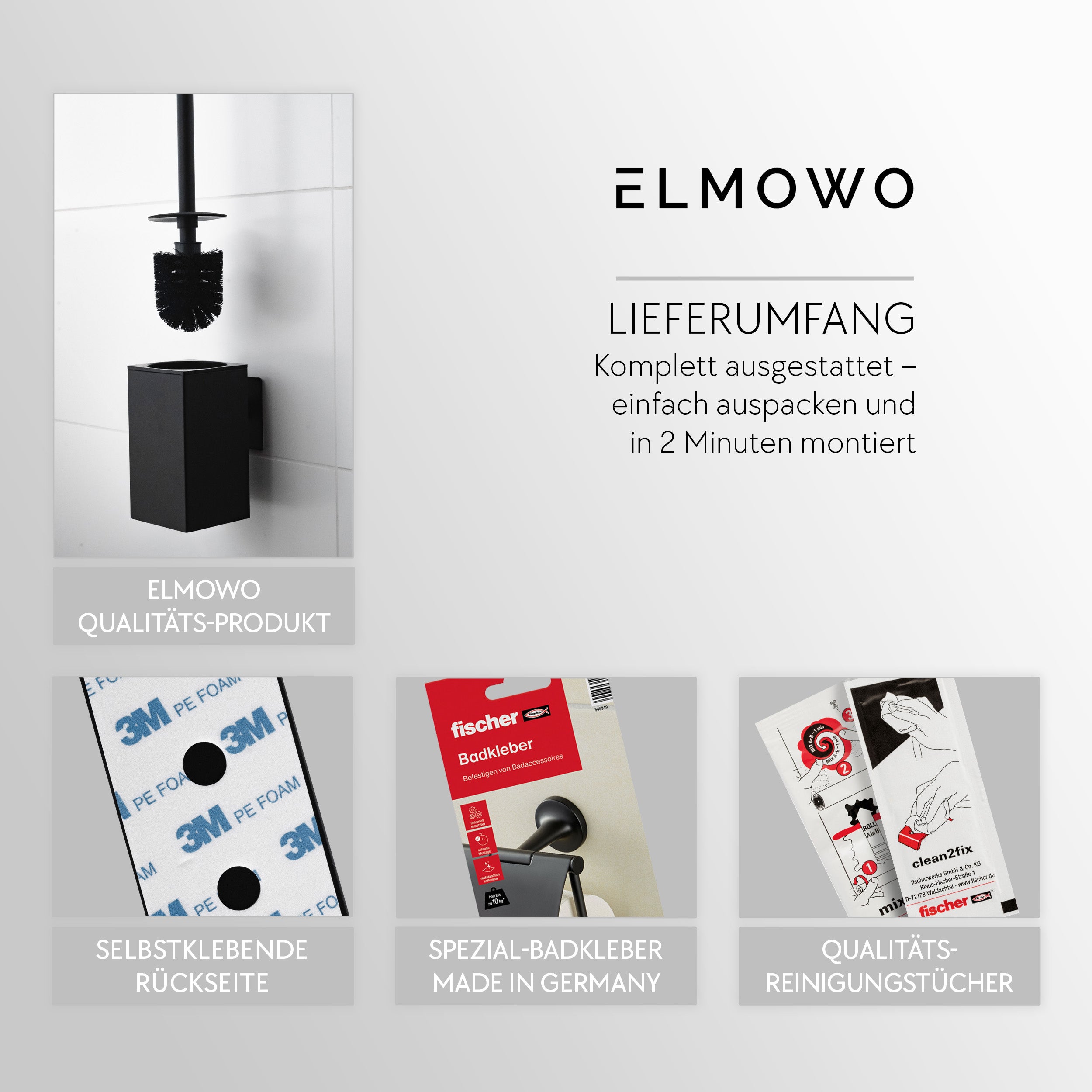 ELMOWO - Edelstahl Klobürste ohne Bohren (schwarz) im Komplett-Set