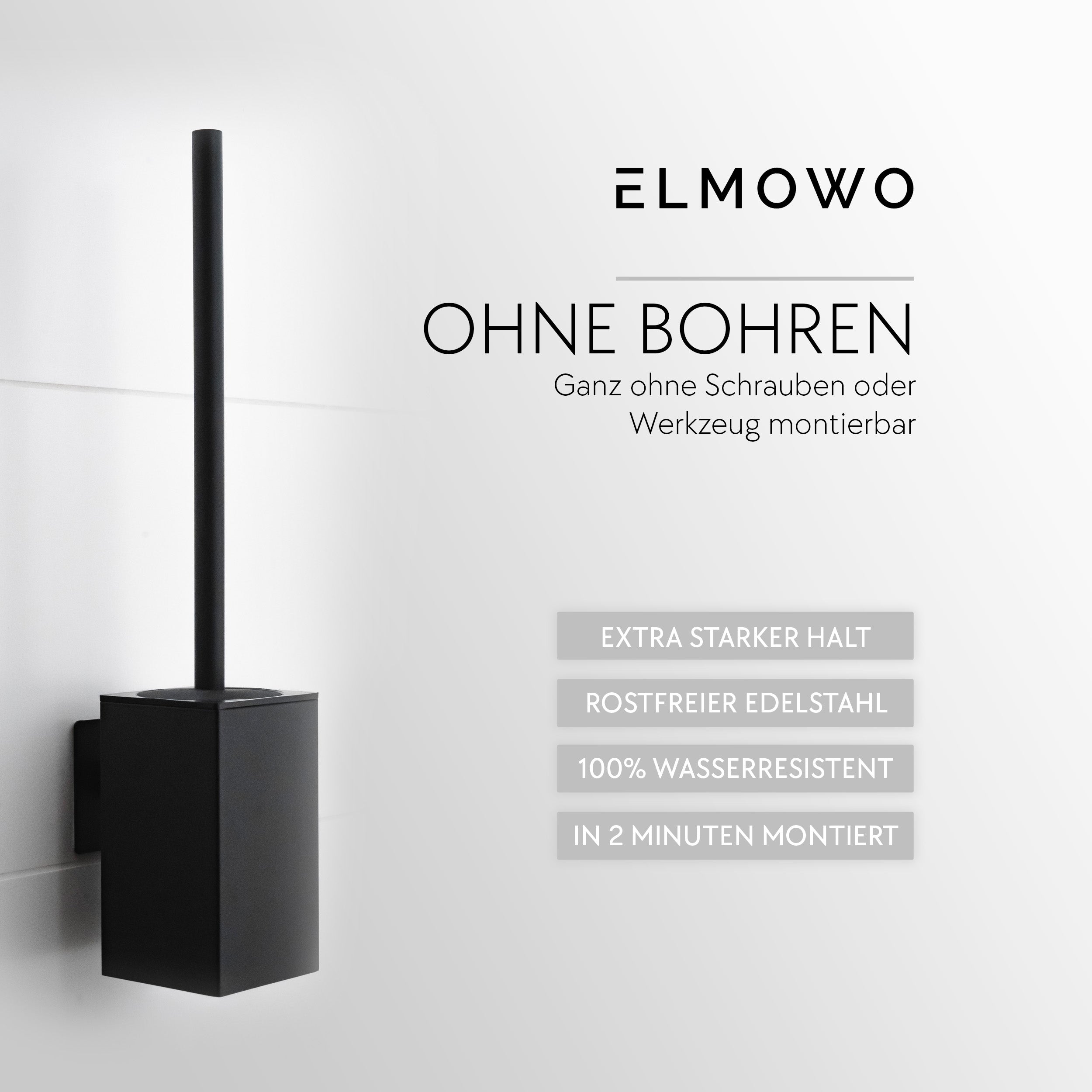 ELMOWO - Edelstahl Klobürste ohne Bohren (schwarz) im Komplett-Set