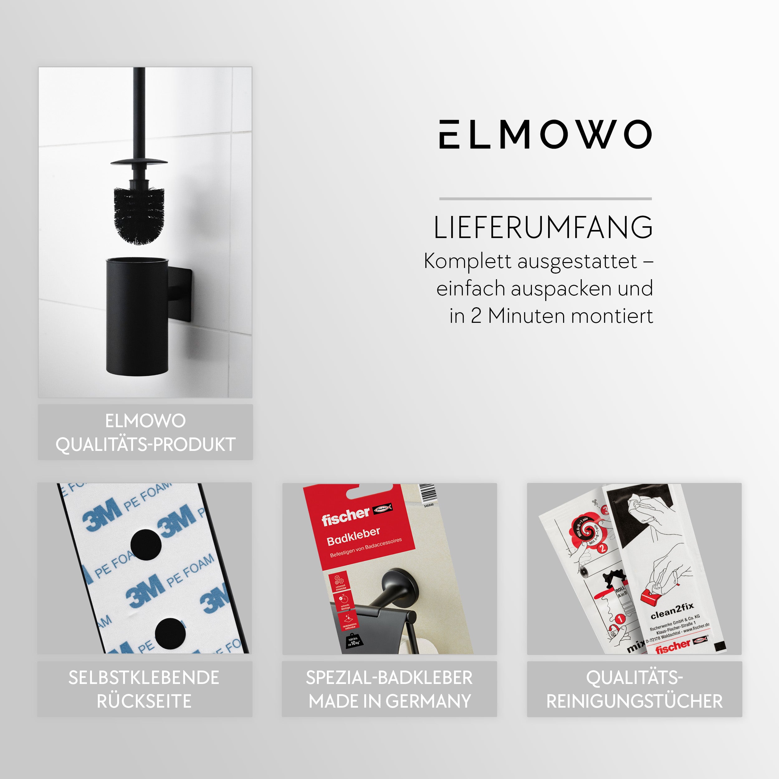 ELMOWO - Edelstahl Klobürste ohne Bohren (schwarz) im Komplett-Set