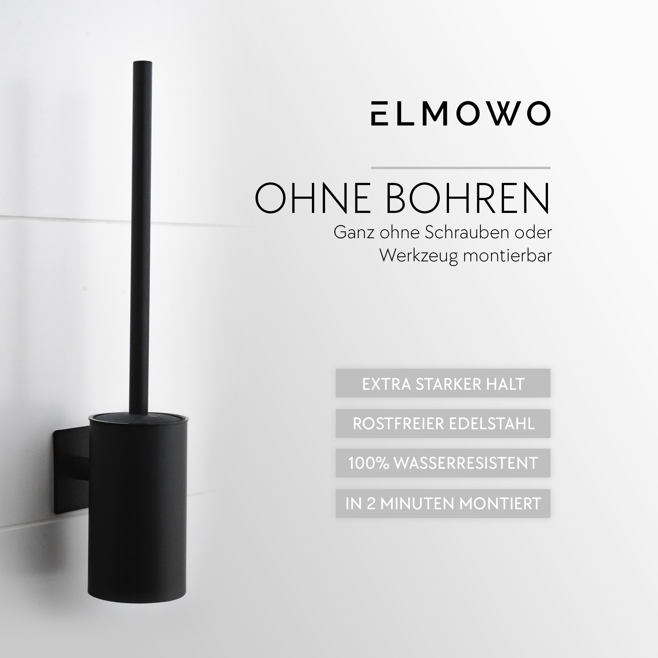 ELMOWO - Edelstahl Klobürste ohne Bohren (schwarz) im Komplett-Set